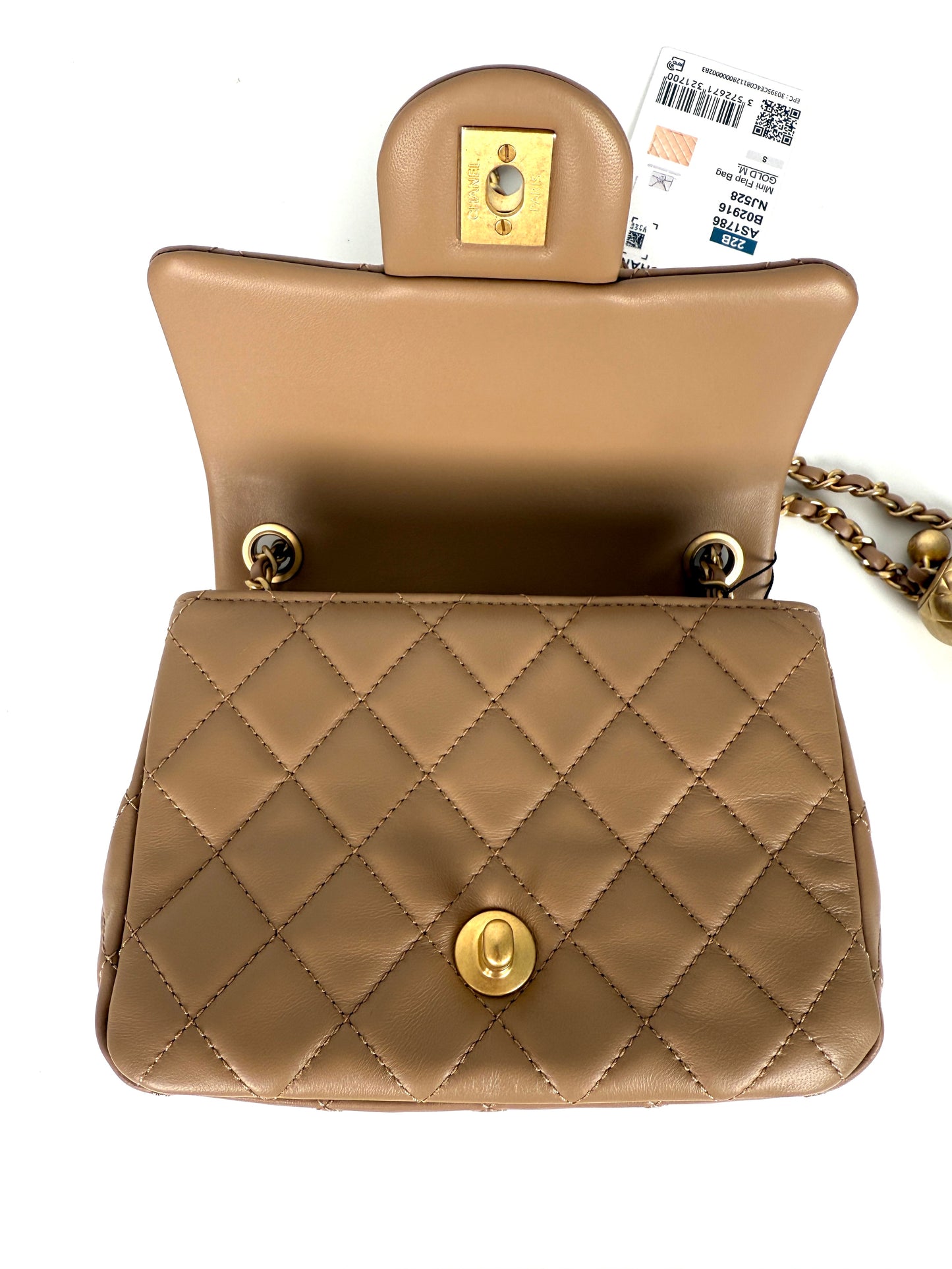 New CHANEL Mini Pearl Crush Lambskin Quilted Dark Beige Flap Crossbody Bag
