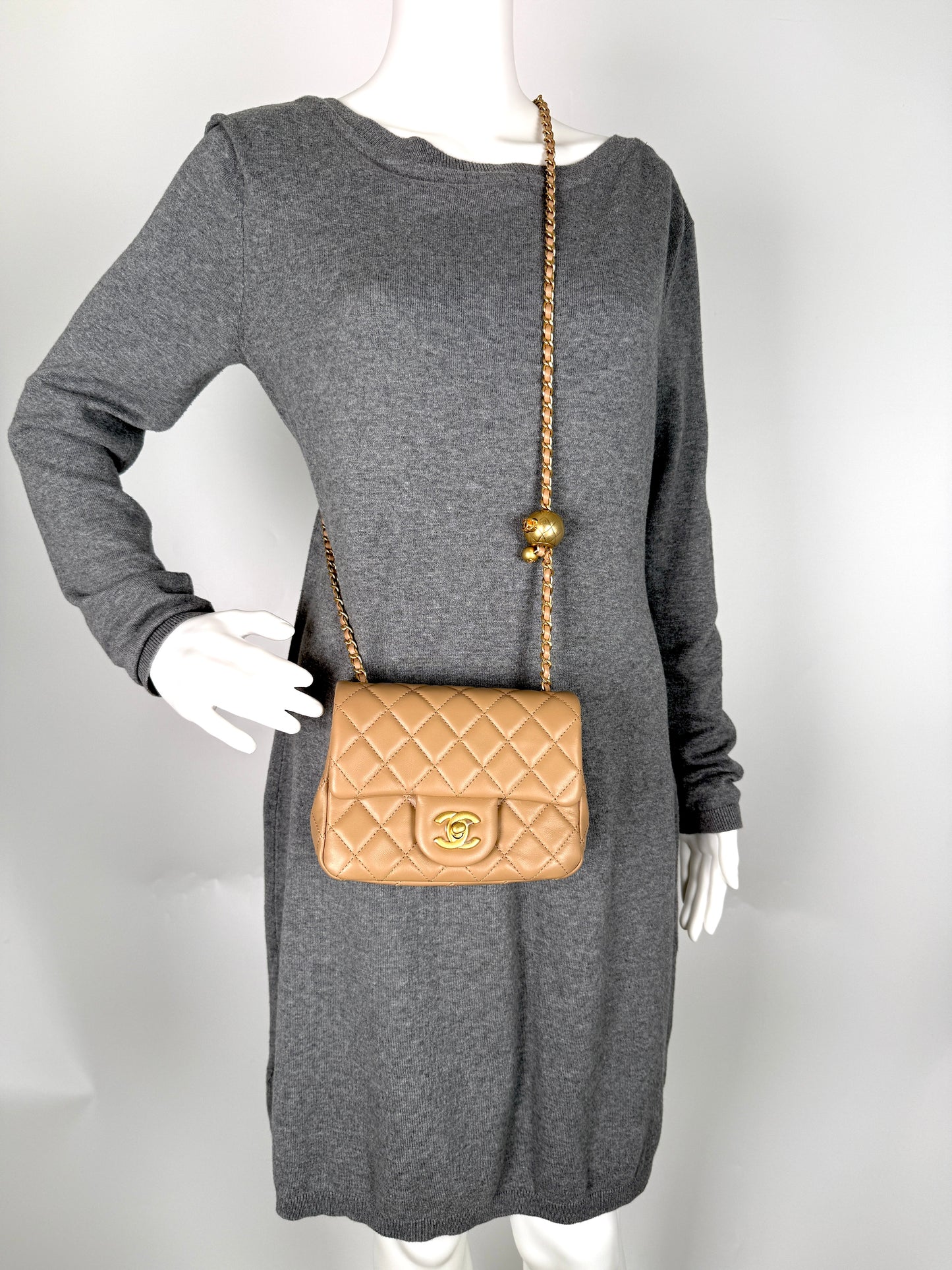 New CHANEL Mini Pearl Crush Lambskin Quilted Dark Beige Flap Crossbody Bag