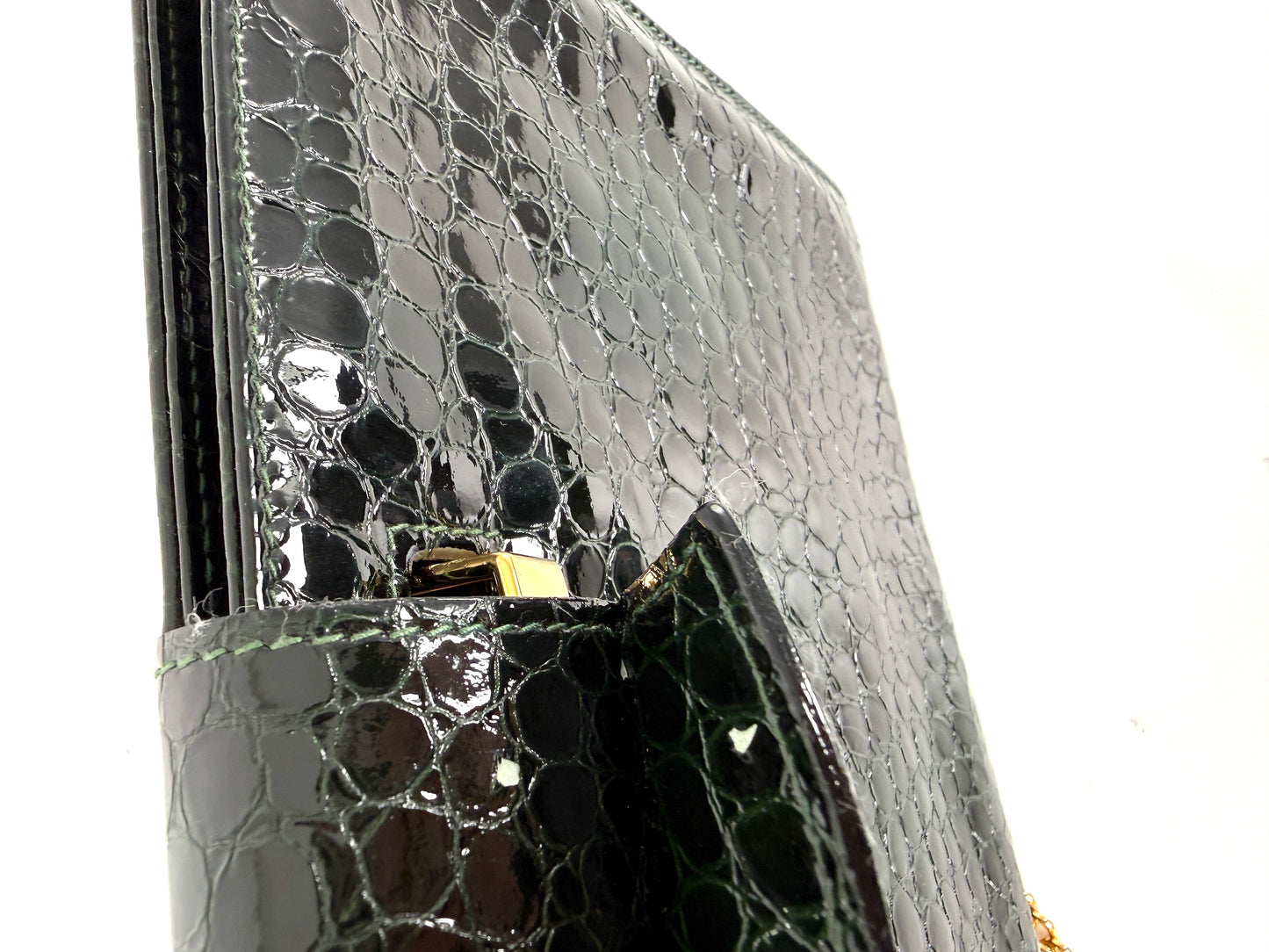 Vintage Salvatore Ferragamo Dark Green Croc Embossed Crossbody Clutch Chain Bag