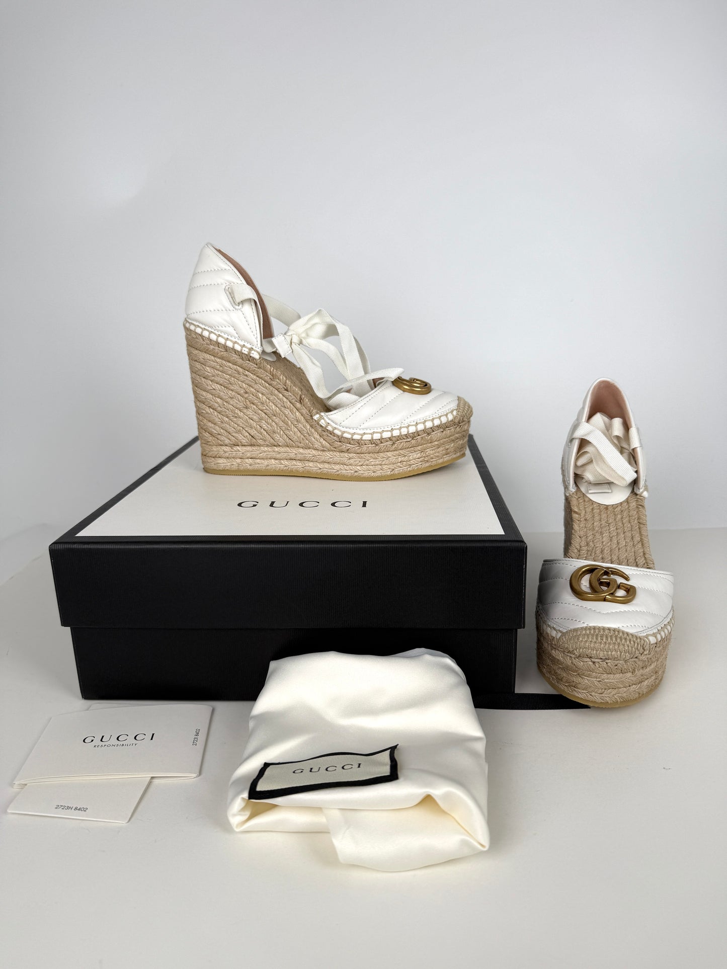 GUCCI Nappa Matelasse Marmont GG White Platform White Espadrille Wedge Heels 37.5 7.5