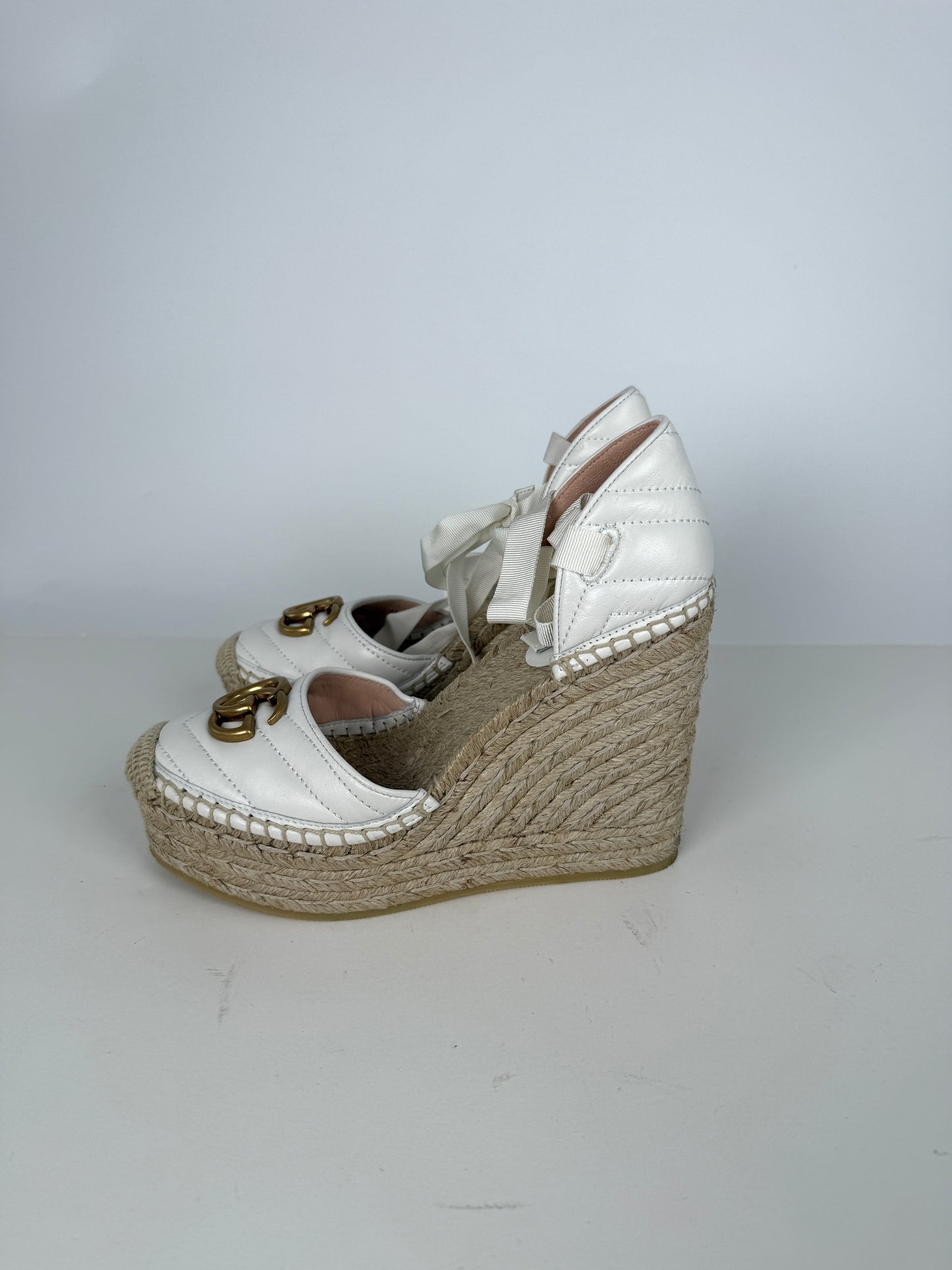GUCCI Nappa Matelasse Marmont GG White Platform Espadrille Wedge Heels 37.5 7.5