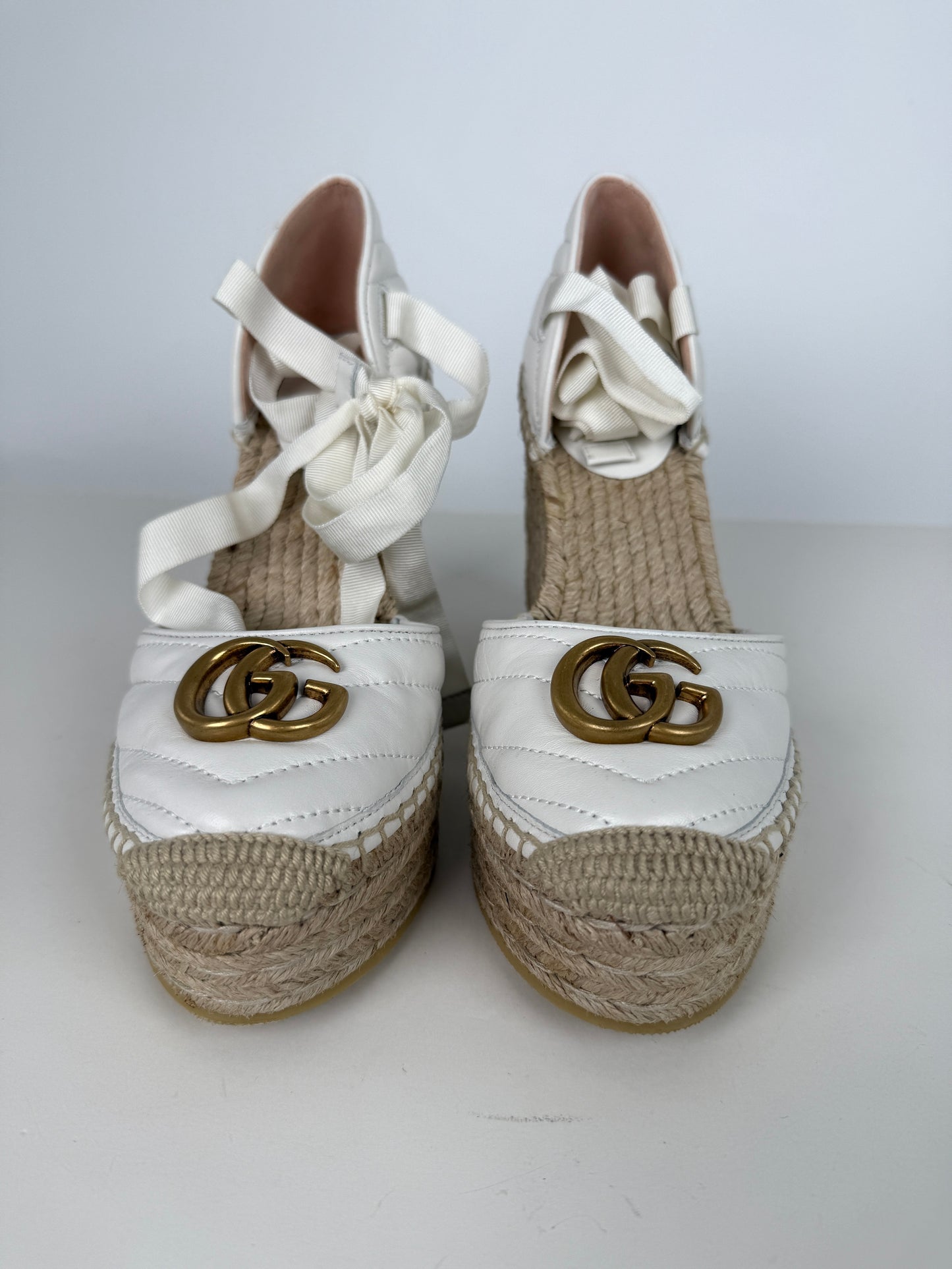 GUCCI Nappa Matelasse Marmont GG White Platform Espadrille Wedge Heels 37.5 7.5