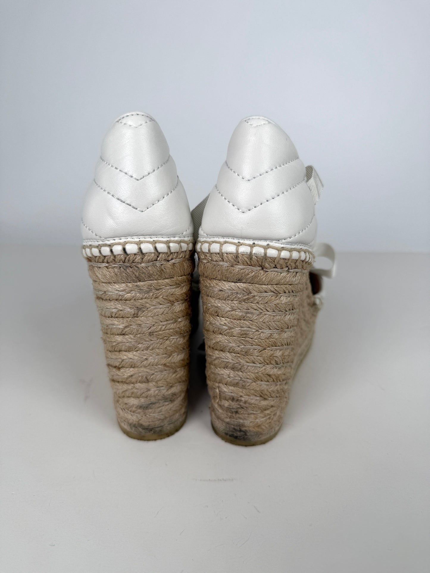 GUCCI Nappa Matelasse Marmont GG White Platform Espadrille Wedge Heels 37.5 7.5