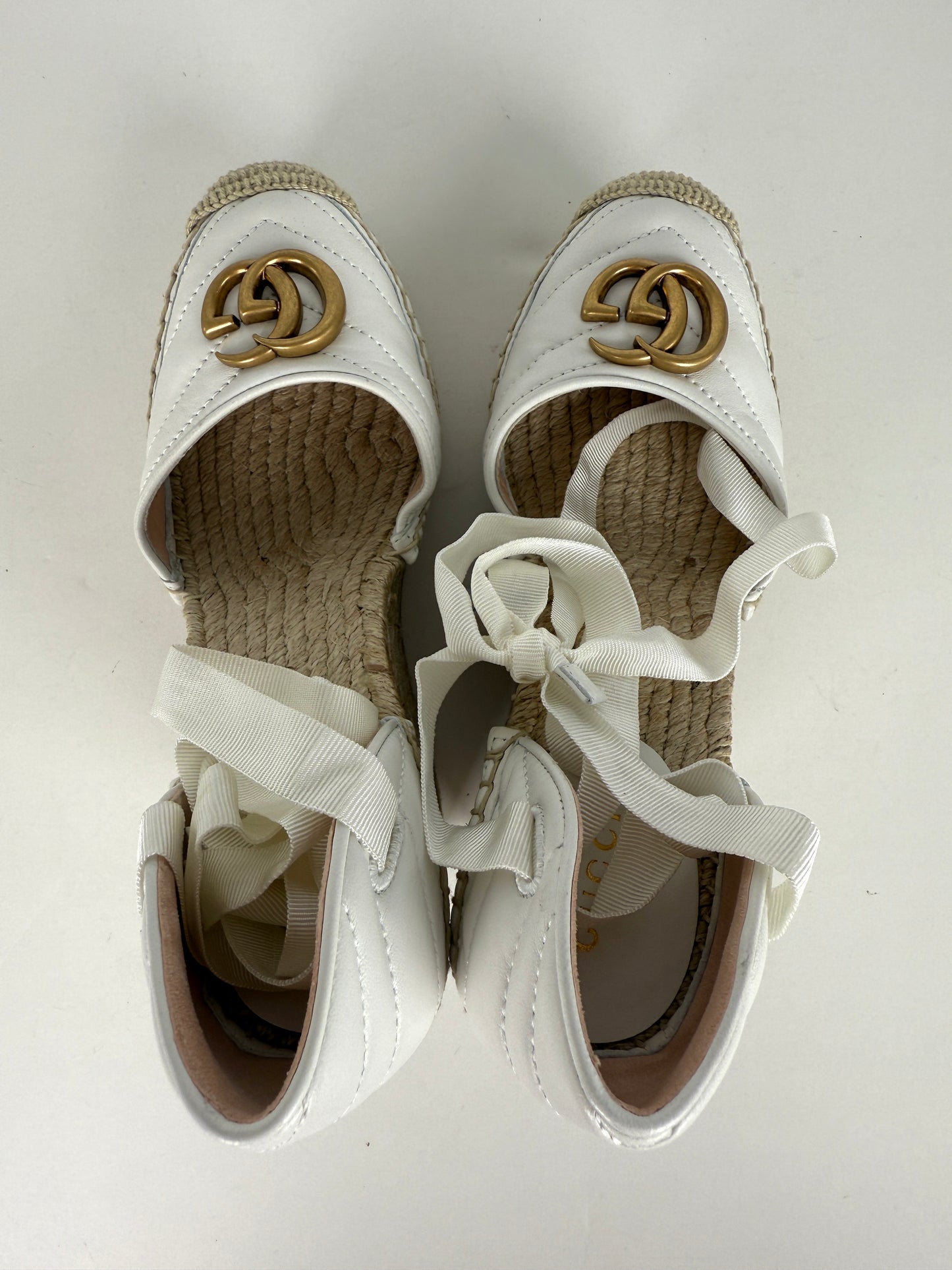 GUCCI Nappa Matelasse Marmont GG White Platform Espadrille Wedge Heels 37.5 7.5
