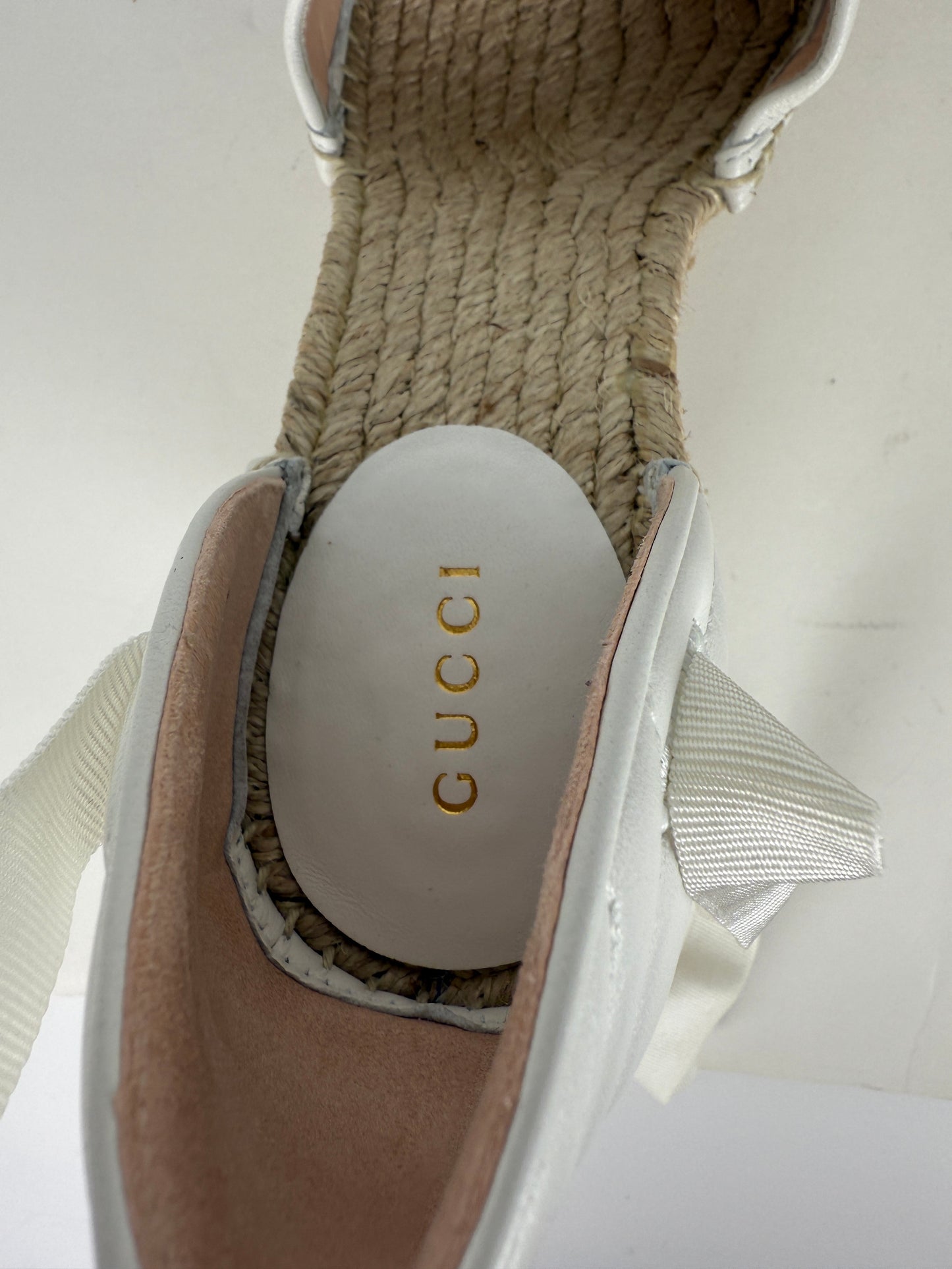 GUCCI Nappa Matelasse Marmont GG White Platform Espadrille Wedge Heels 37.5 7.5