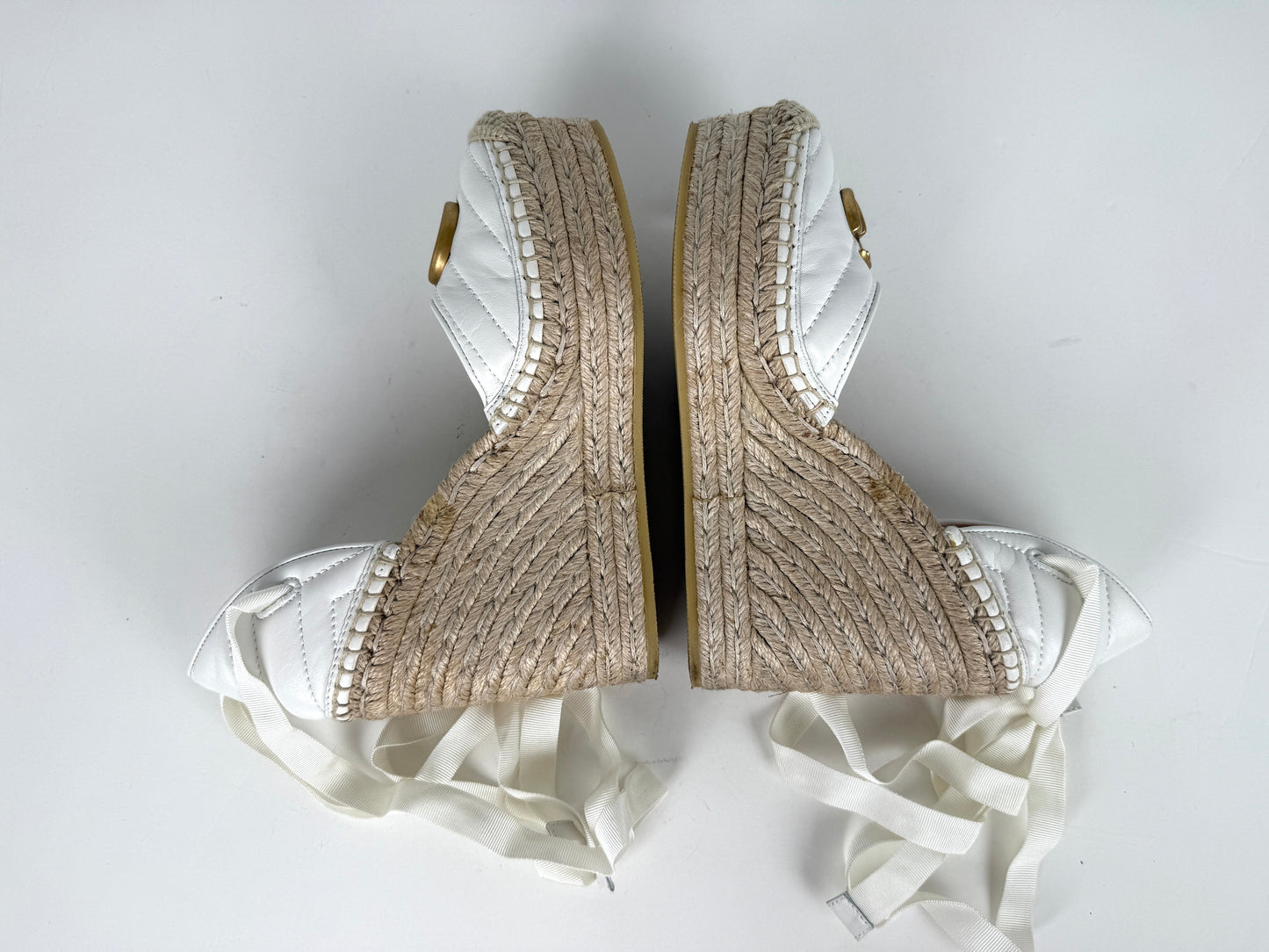 GUCCI Nappa Matelasse Marmont GG White Platform Espadrille Wedge Heels 37.5 7.5