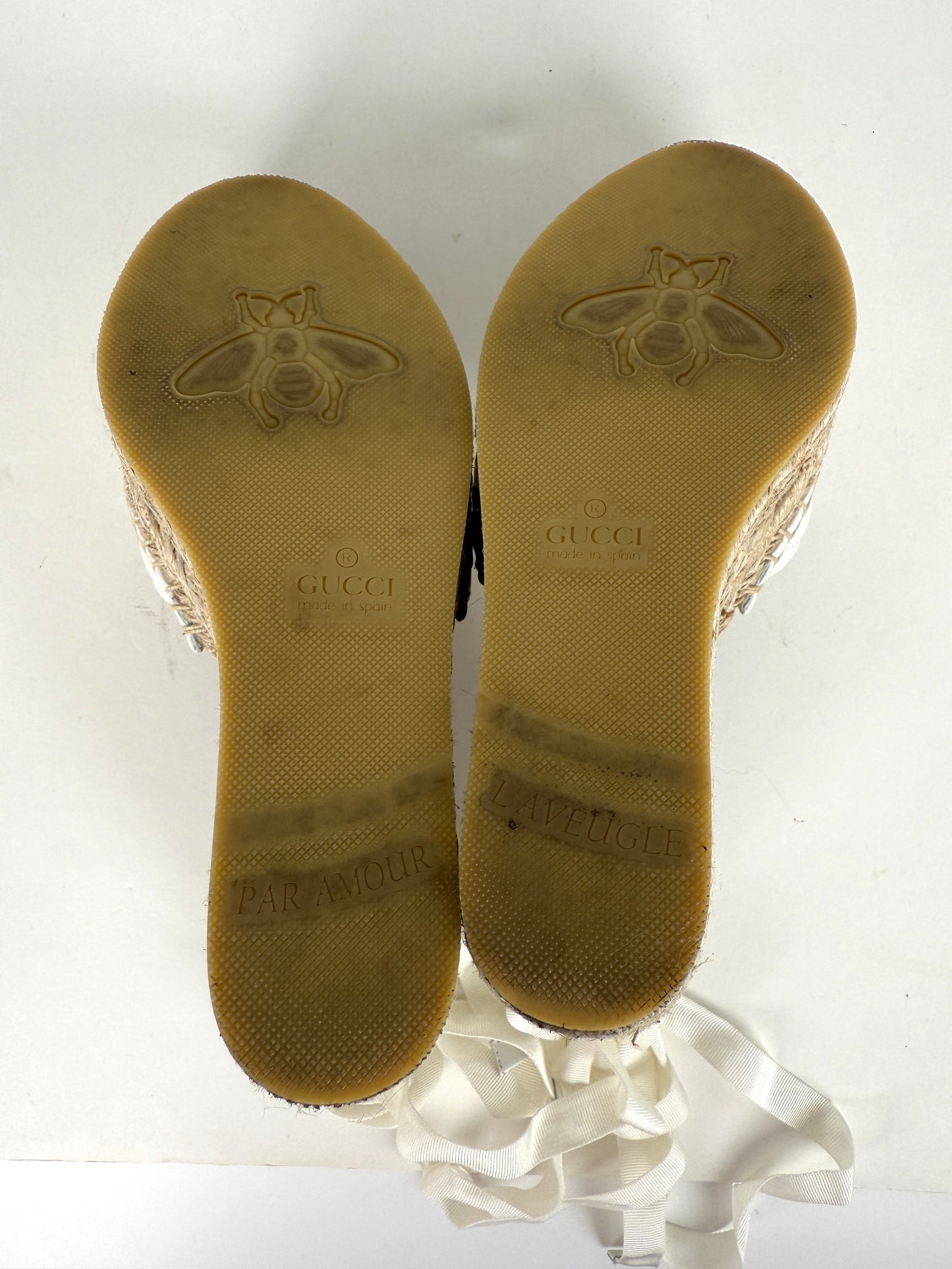GUCCI Nappa Matelasse Marmont GG White Platform Espadrille Wedge Heels 37.5 7.5