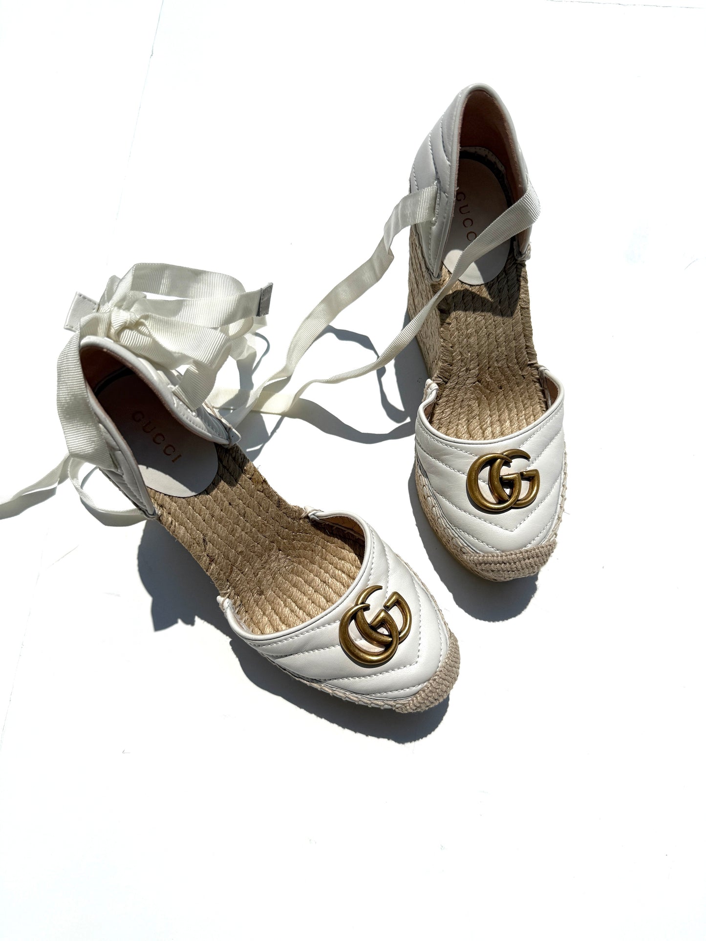 GUCCI Nappa Matelasse Marmont GG White Platform Espadrille Wedge Heels 37.5 7.5