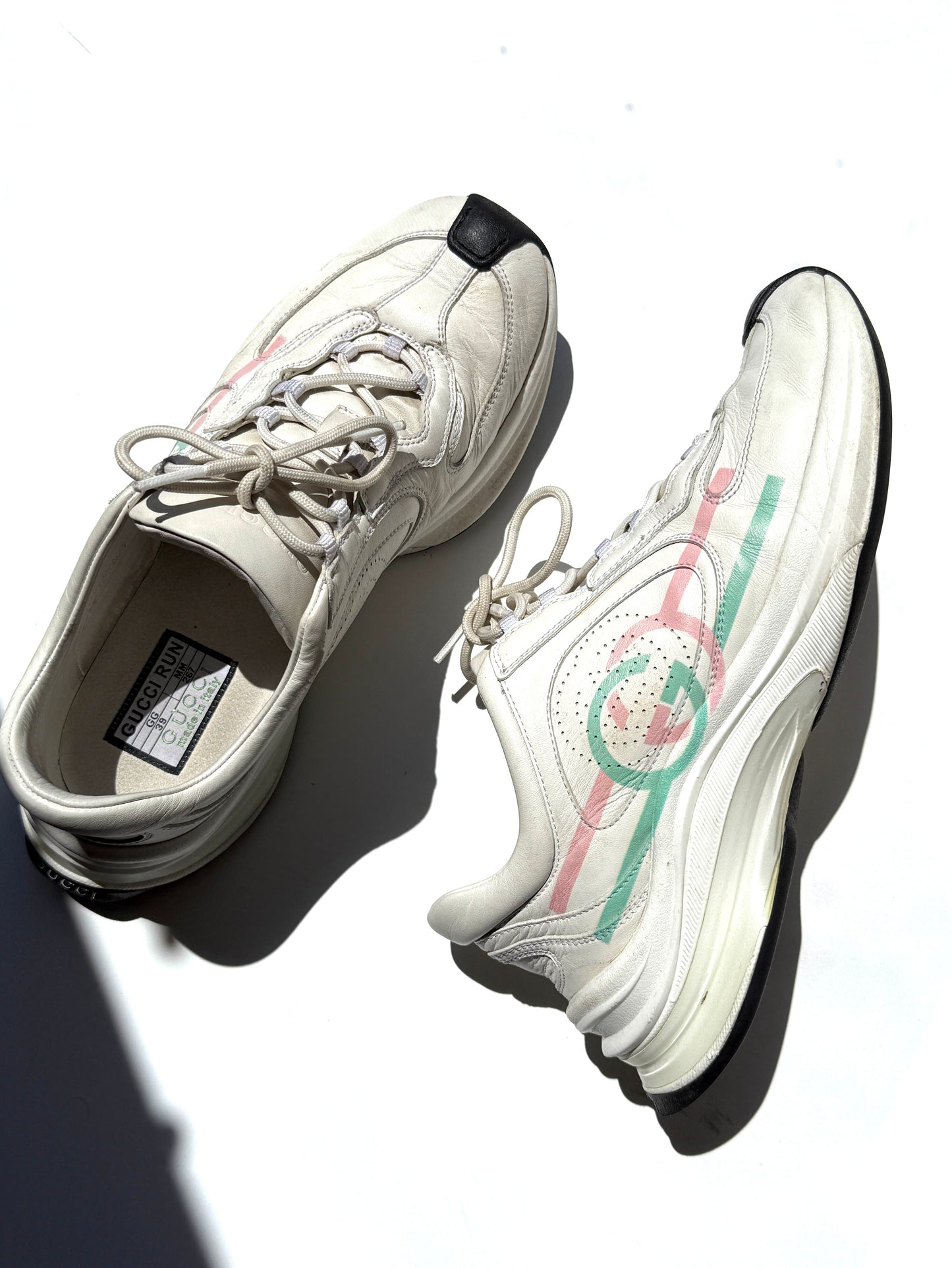 GUCCI White Interlocking G Run Ultralight Plutone Leather GG Sneakers 39, 8.5
