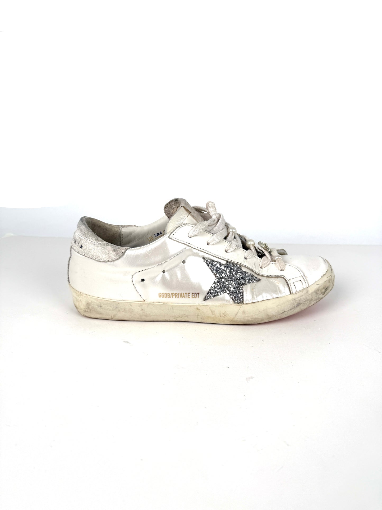 GOLDEN GOOSE White Pearly Glitter Star Superstar Low Top Leather Sneakers 39, 8.5 9