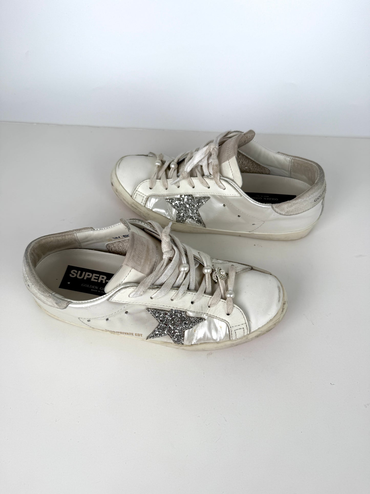 GOLDEN GOOSE White Pearly Glitter Star Superstar Low Top Leather Sneakers 39, 8.5 9