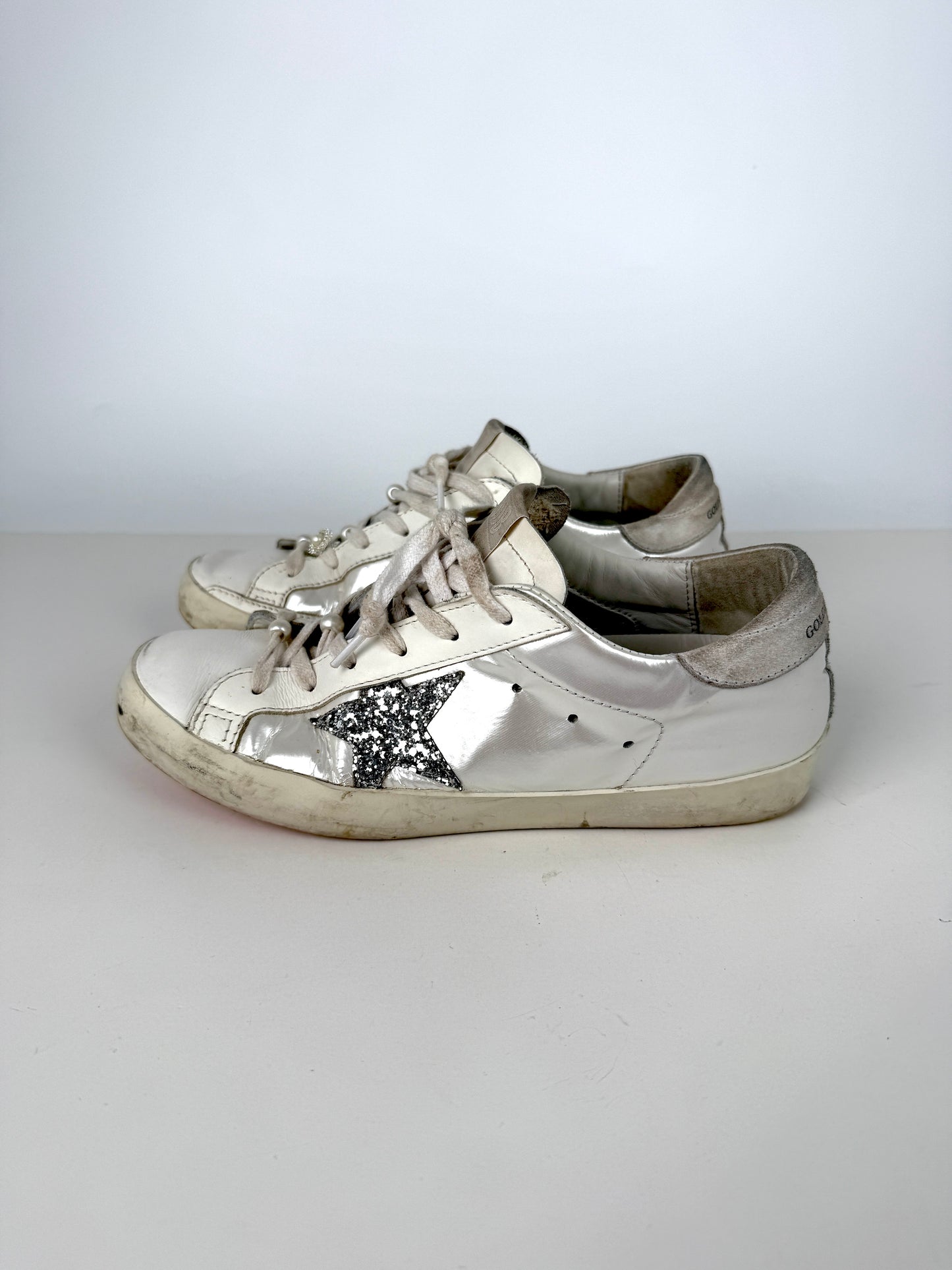 GOLDEN GOOSE White Pearly Glitter Star Superstar Low Top Leather Sneakers 39, 8.5 9