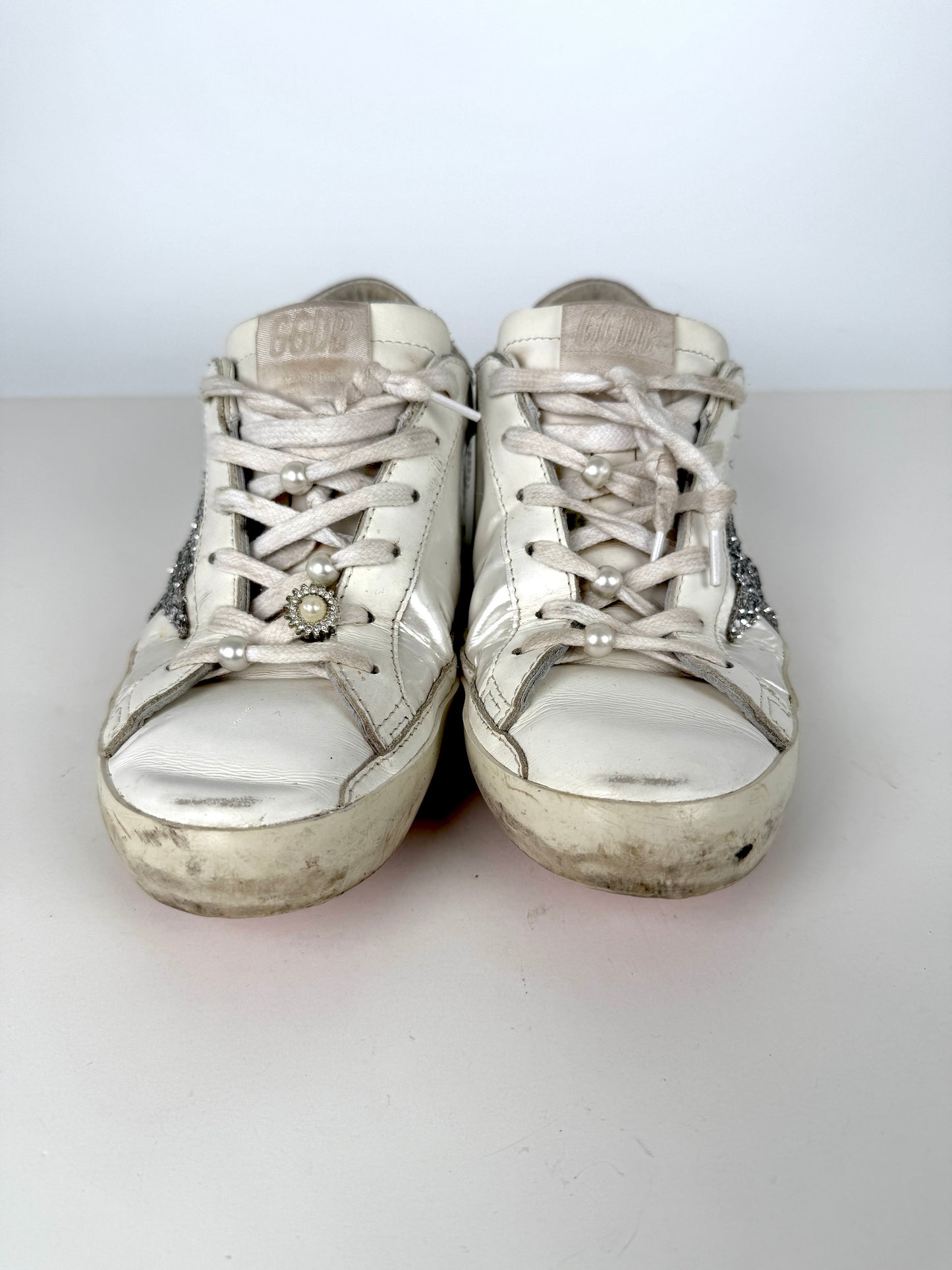 GOLDEN GOOSE White Pearly Glitter Star Superstar Low Top Leather Sneakers 39, 8.5 9
