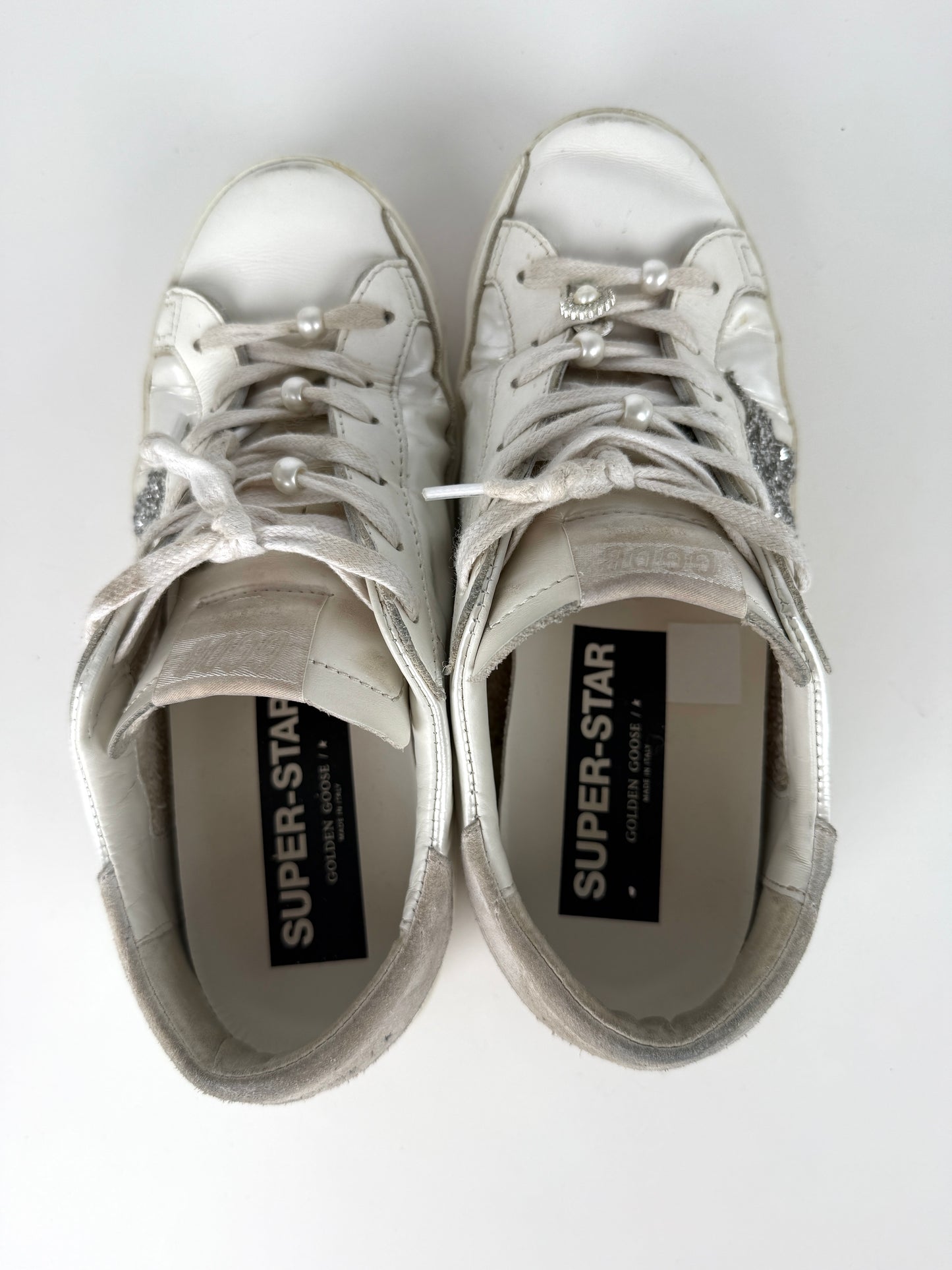 GOLDEN GOOSE White Pearly Glitter Star Superstar Low Top Leather Sneakers 39, 8.5 9
