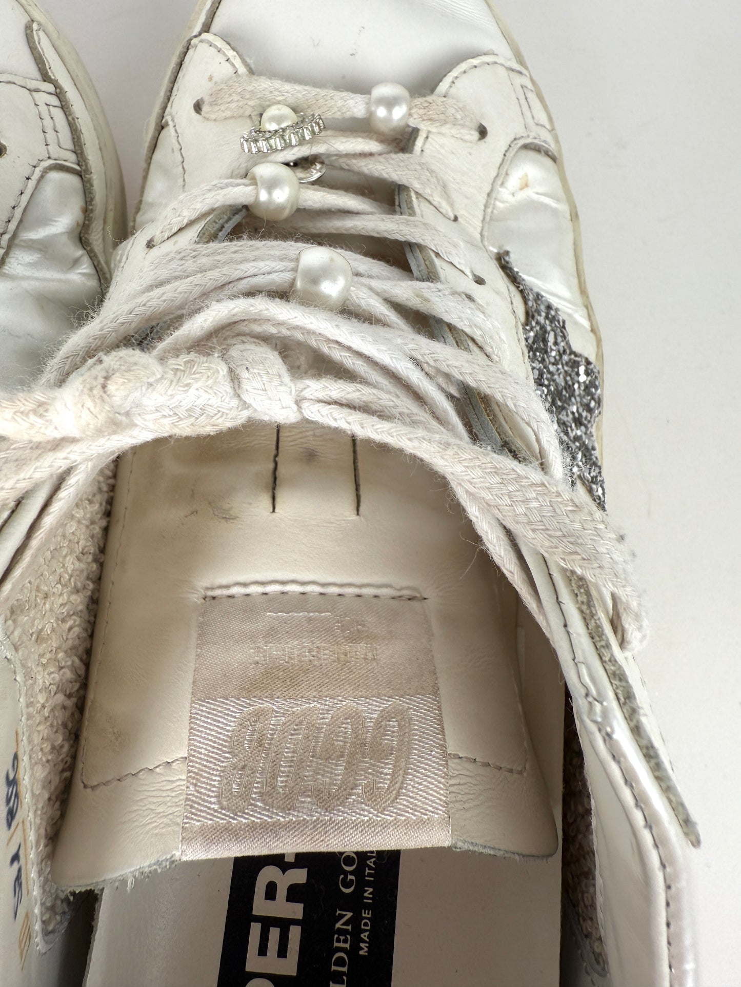 GOLDEN GOOSE White Pearly Glitter Star Superstar Low Top Leather Sneakers 39, 8.5 9