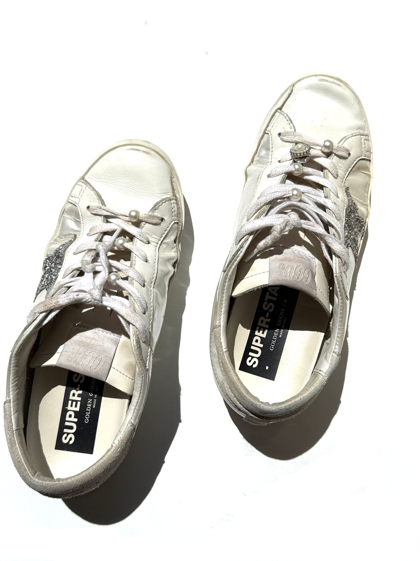 GOLDEN GOOSE White Pearly Glitter Star Superstar Low Top Leather Sneakers 39, 8.5 9
