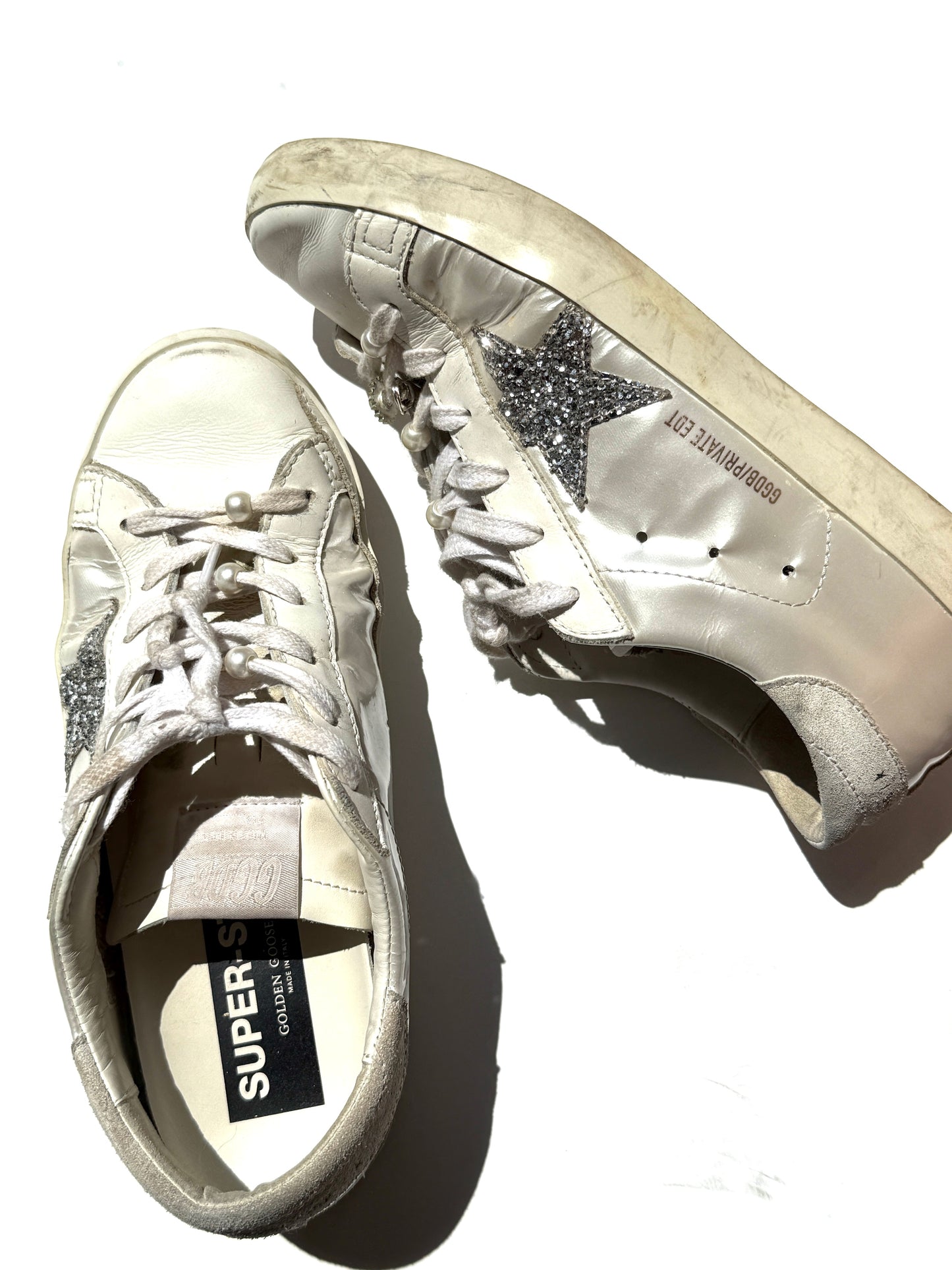 GOLDEN GOOSE White Pearly Glitter Star Superstar Low Top Leather Sneakers 39, 8.5 9