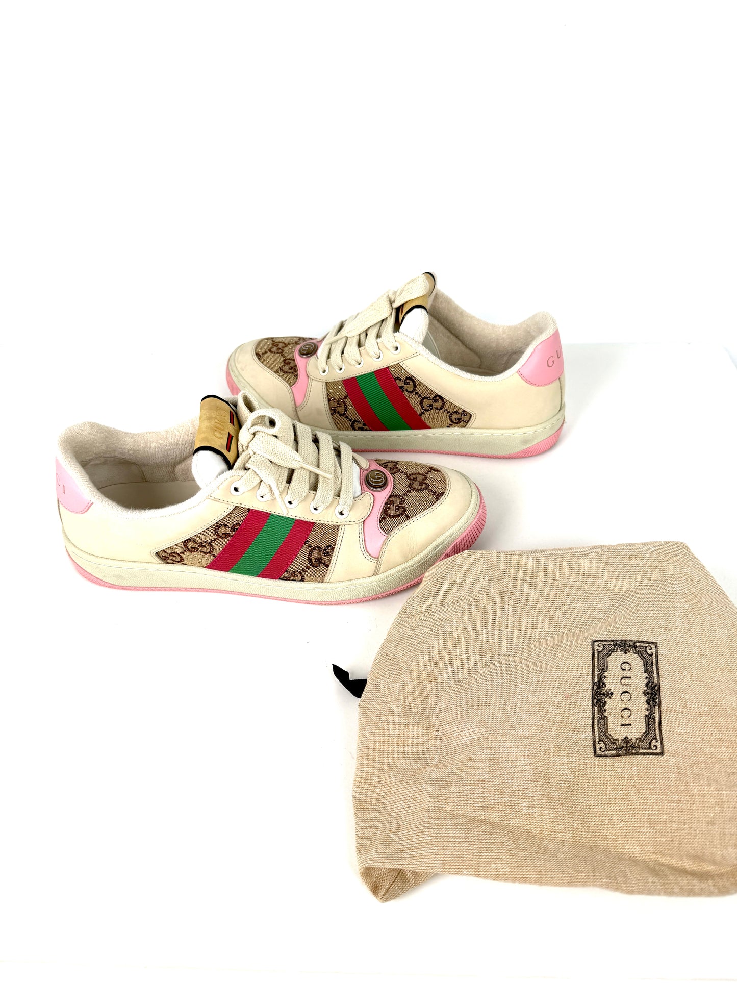 GUCCI Screener Crystal GG Monogram Beige Pink Sneakers 39, 8.5
