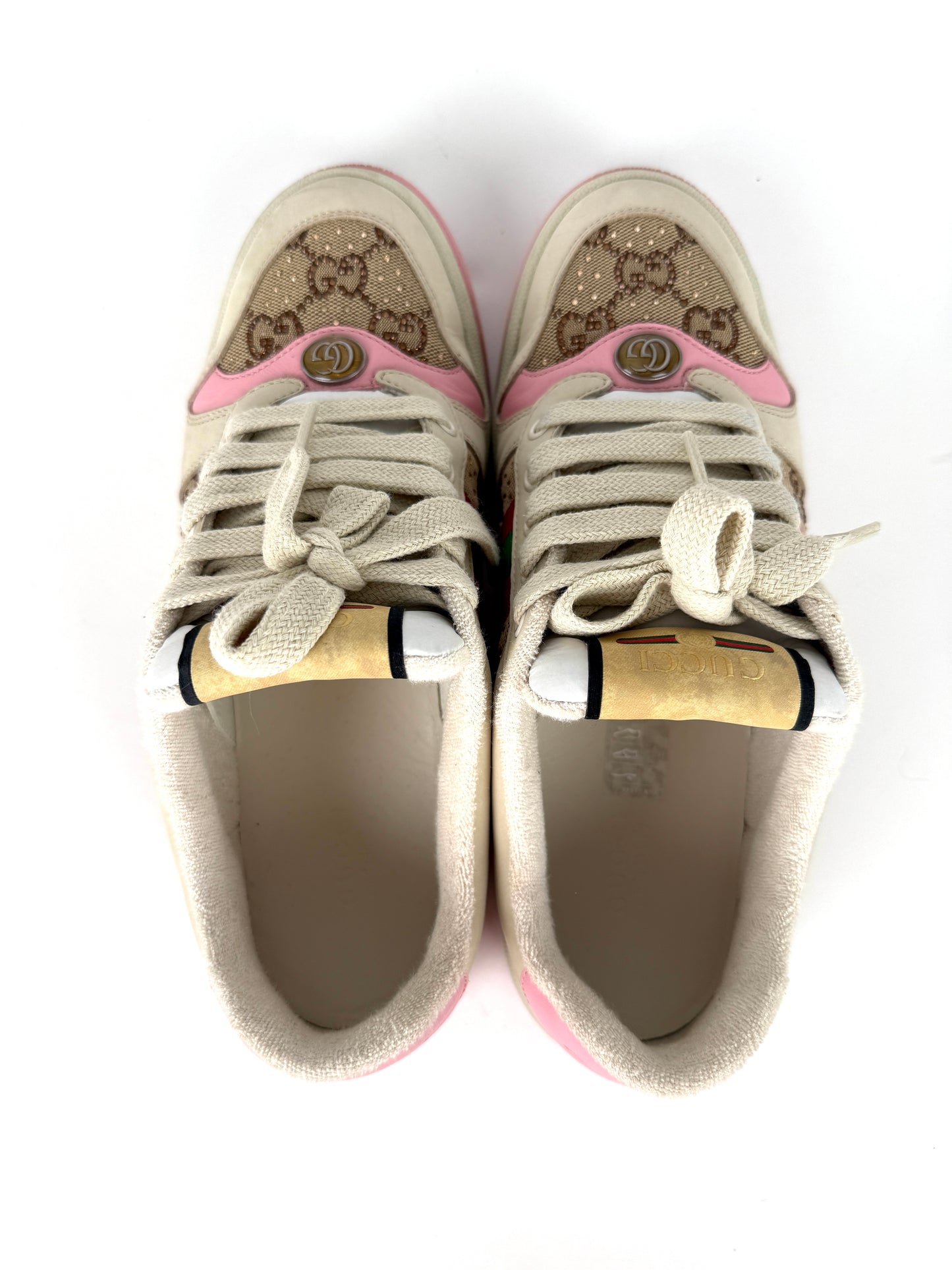 GUCCI Screener Crystal GG Monogram Beige Pink Sneakers 39, 8.5