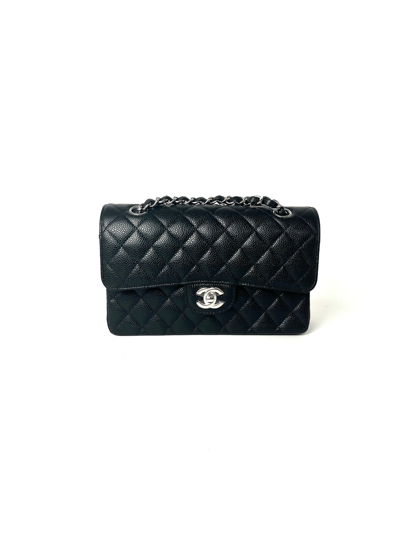 New CHANEL Black Small Quilted Caviar Leather Double Flap Shoulder Bag