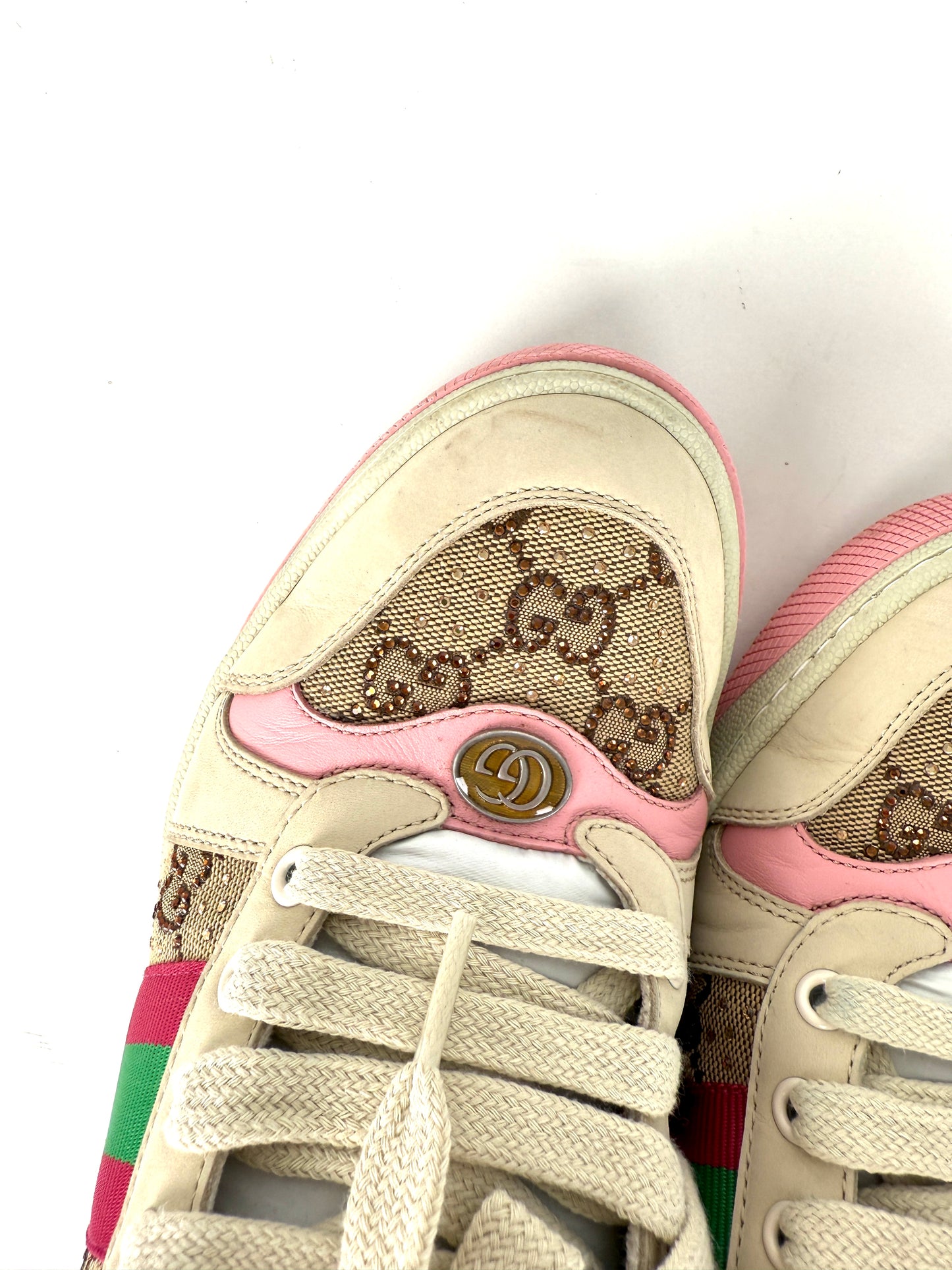 GUCCI Screener Crystal GG Monogram Beige Pink Sneakers 39, 8.5