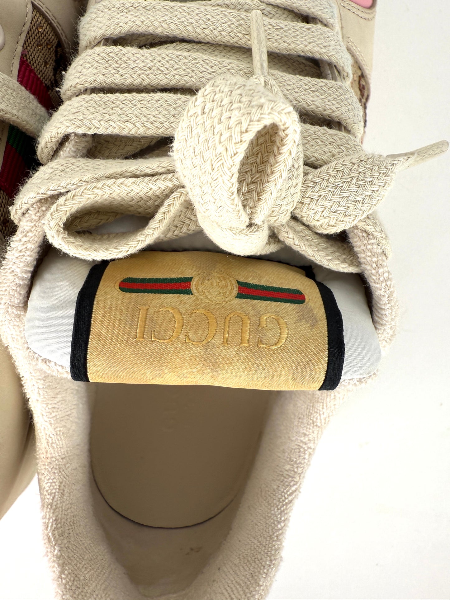GUCCI Screener Crystal GG Monogram Beige Pink Sneakers 39, 8.5