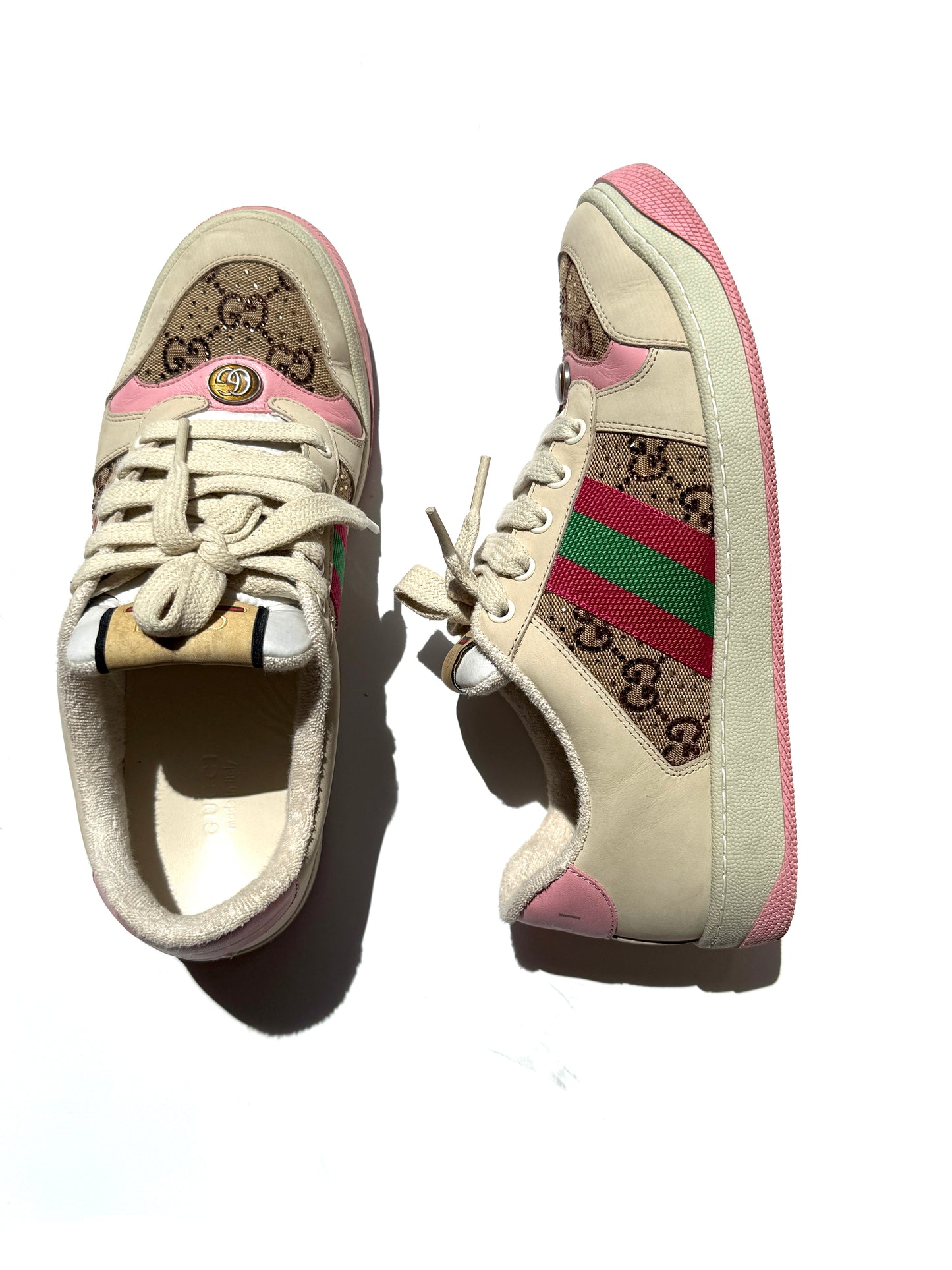 GUCCI Screener Crystal GG Monogram Beige Pink Sneakers 39, 8.5