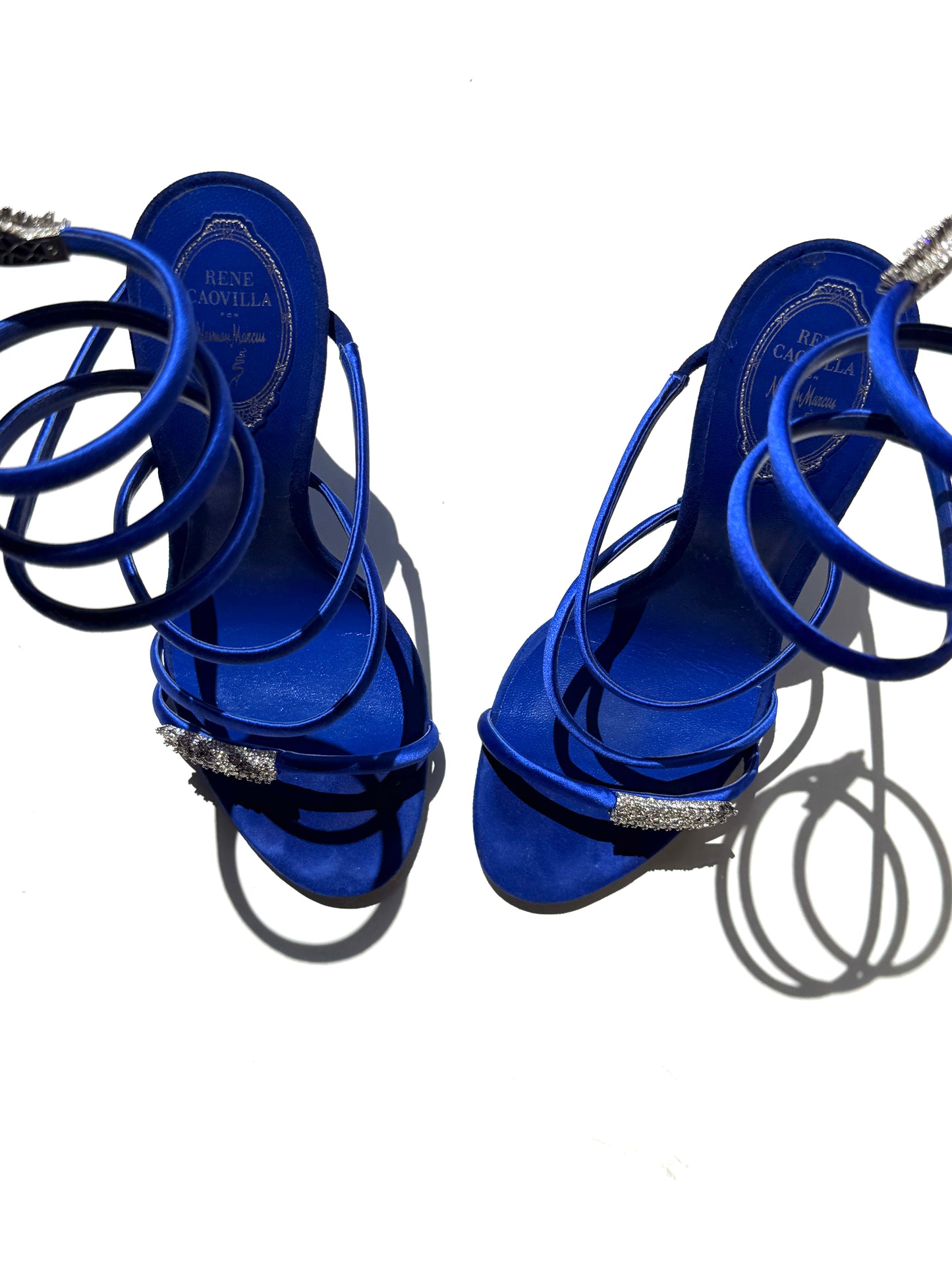 Rene Caovilla Serpente Cobalt Blue Satin Strass High Heel Sandals 39.5, 9