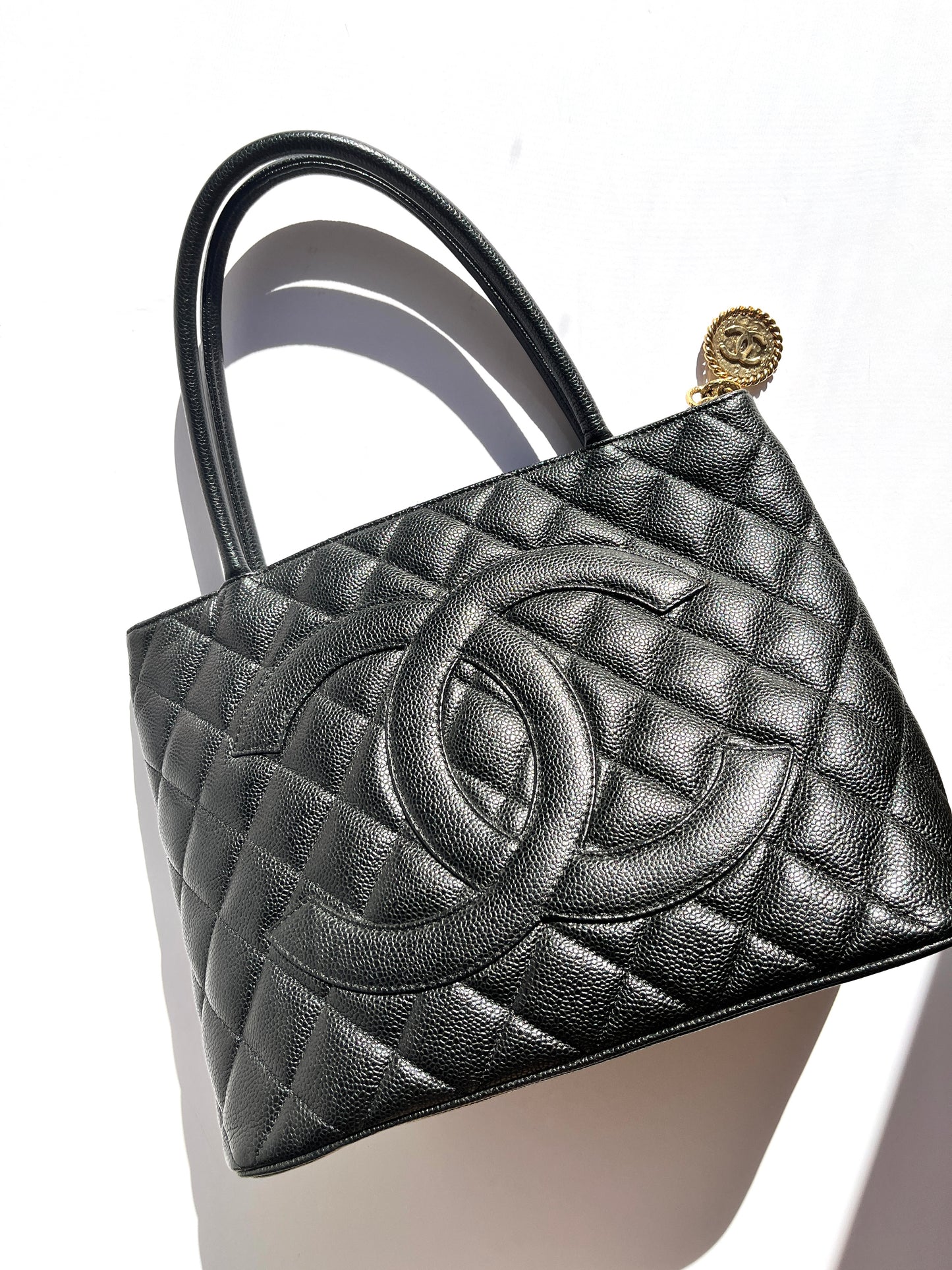 Vintage CHANEL Medallion Timeless Black Quilted Caviar Tote Bag