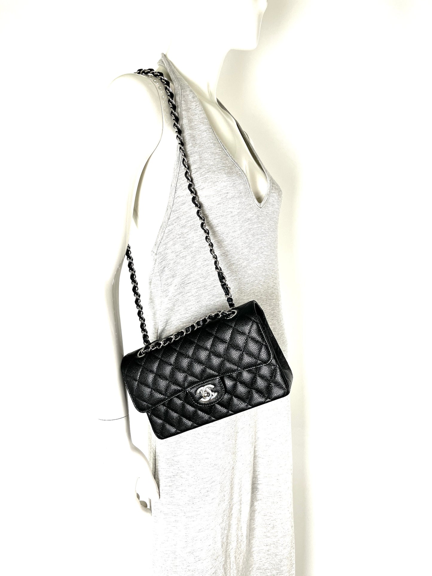 New CHANEL Black Small Quilted Caviar Leather Double Flap Shoulder Bag