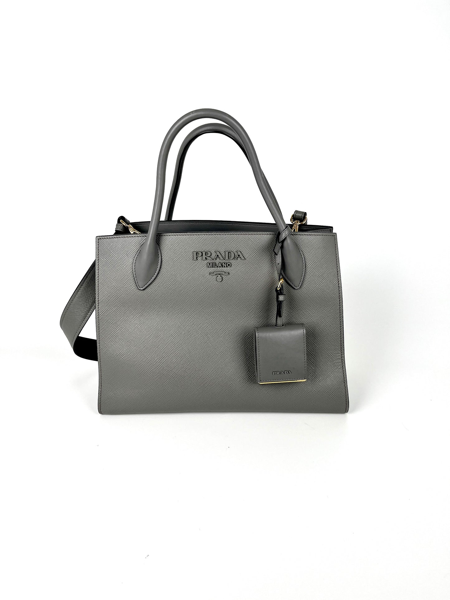 PRADA Saffiano Monochrome Marmo Medium Gray Leather Tote Bag