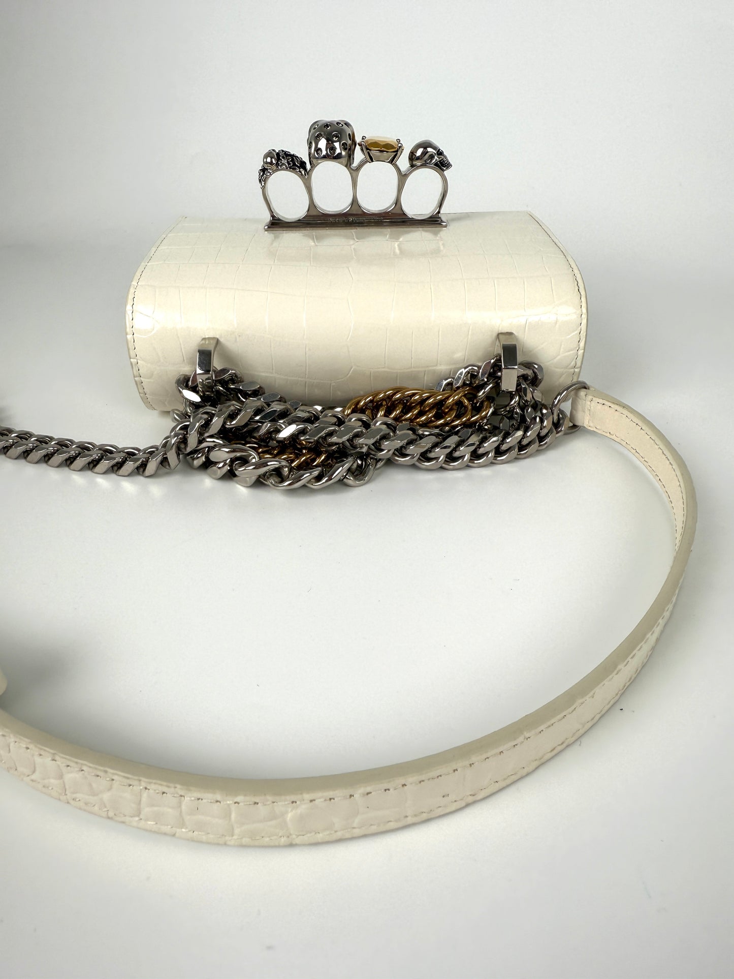 Alexander McQueen Jeweled Chain Link Skull Knuckle White Crossbody Mini Clutch