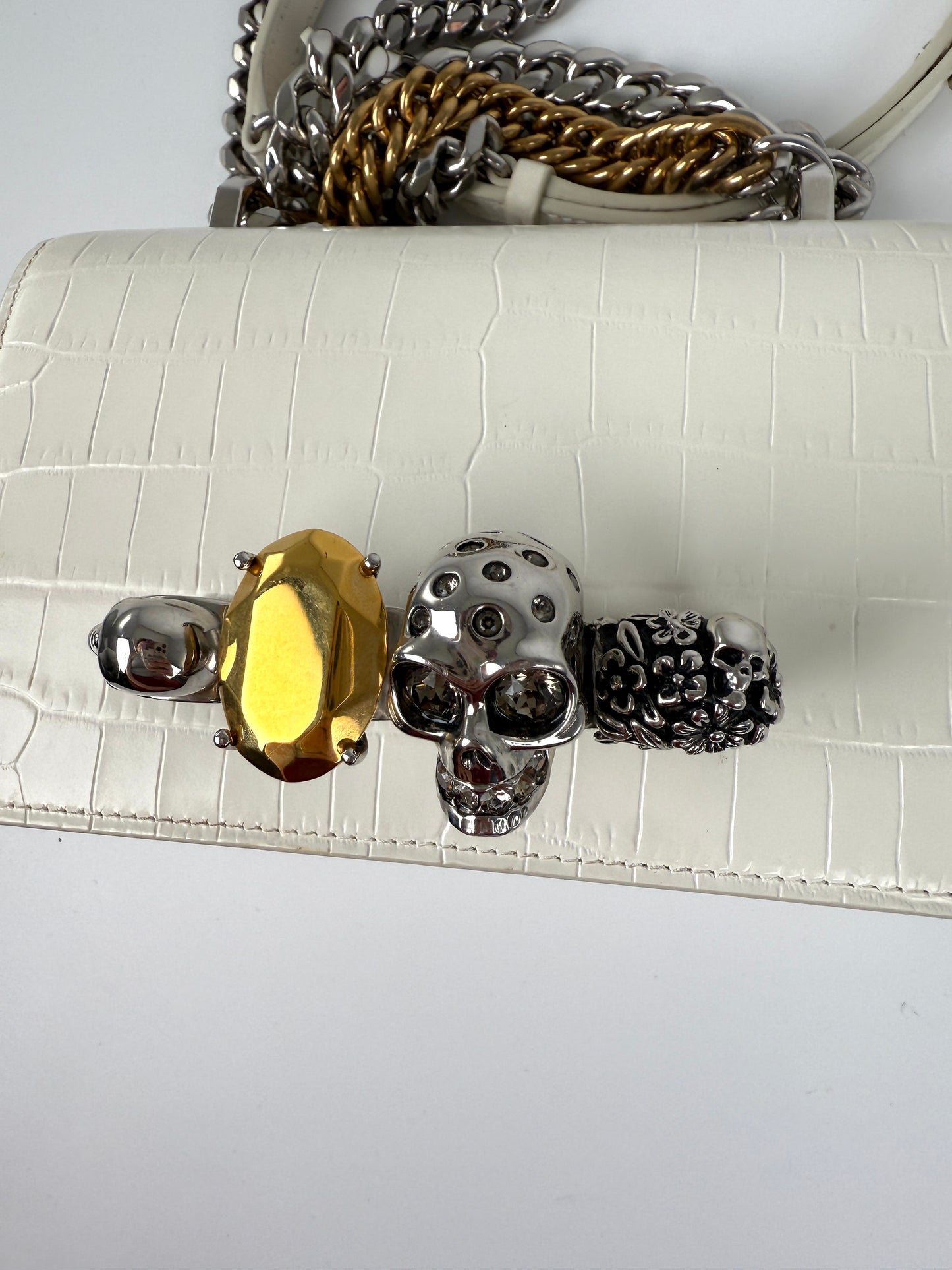Alexander McQueen Jeweled Chain Link Skull Knuckle White Crossbody Mini Clutch
