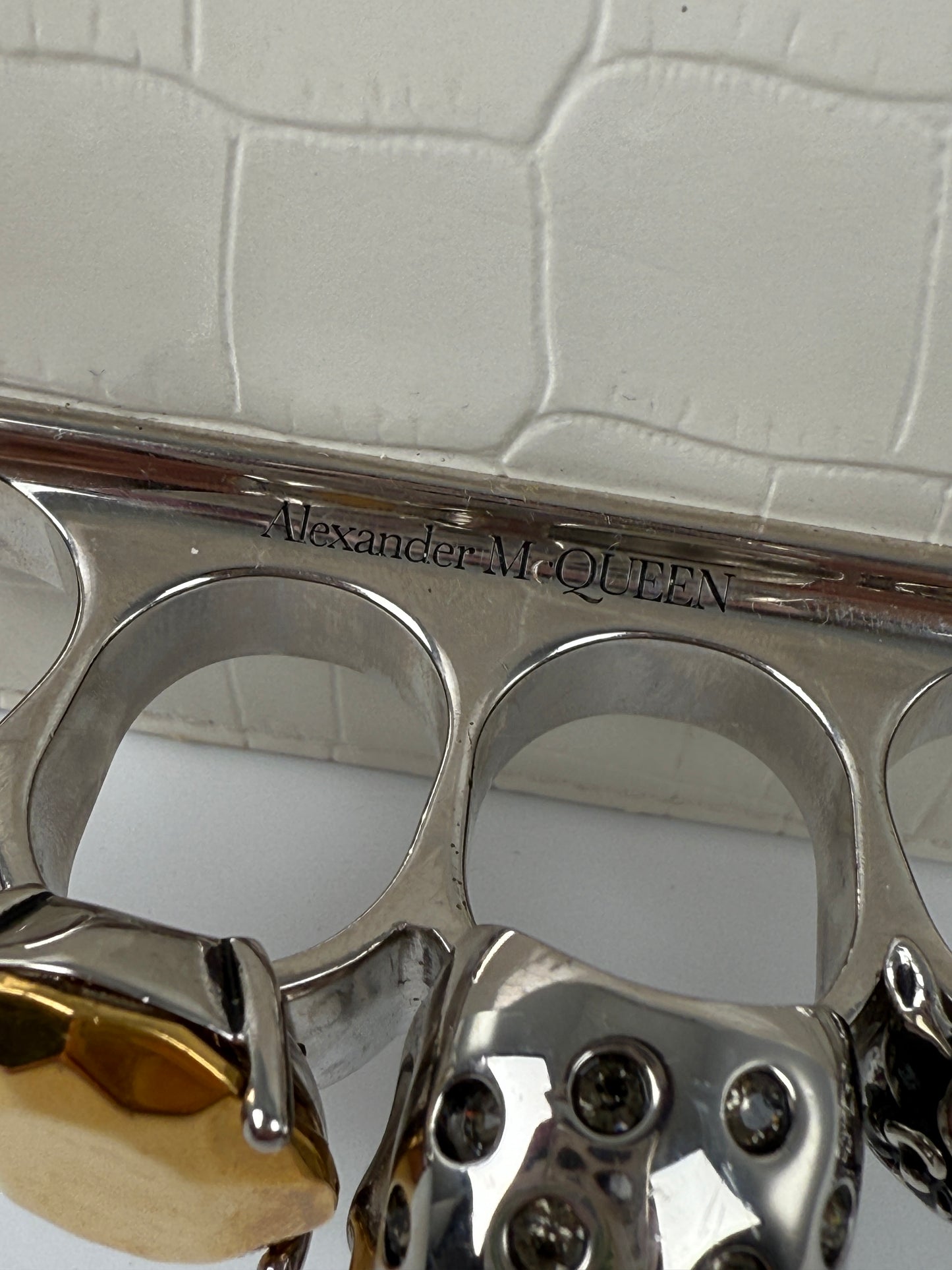 Alexander McQueen Jeweled Chain Link Skull Knuckle White Crossbody Mini Clutch