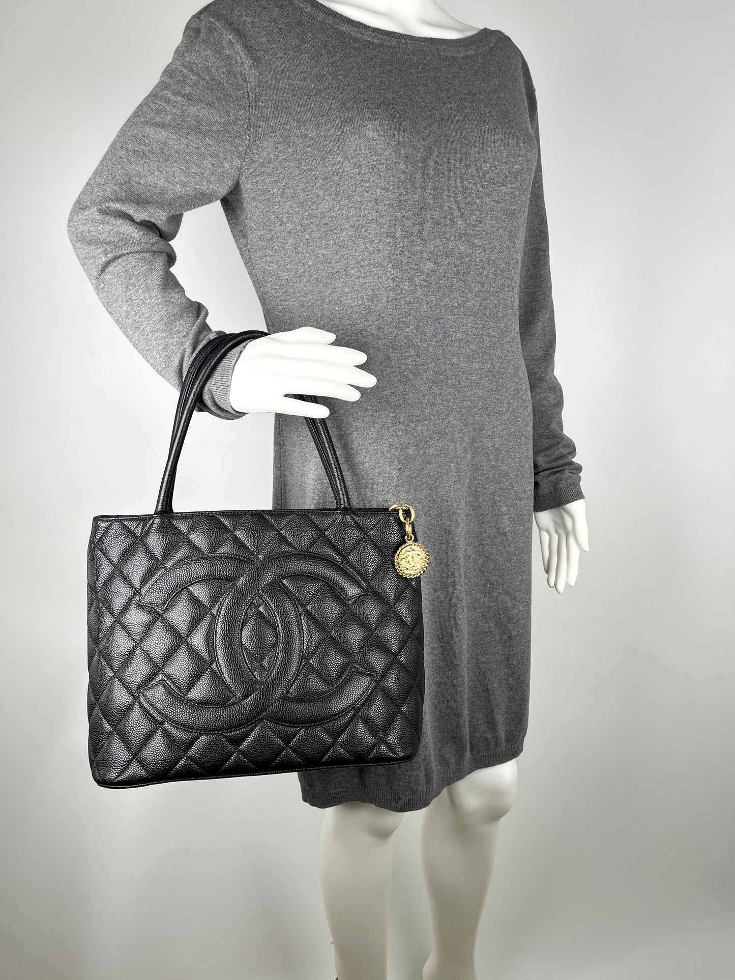 Vintage CHANEL Medallion Timeless Black Quilted Caviar Tote Bag