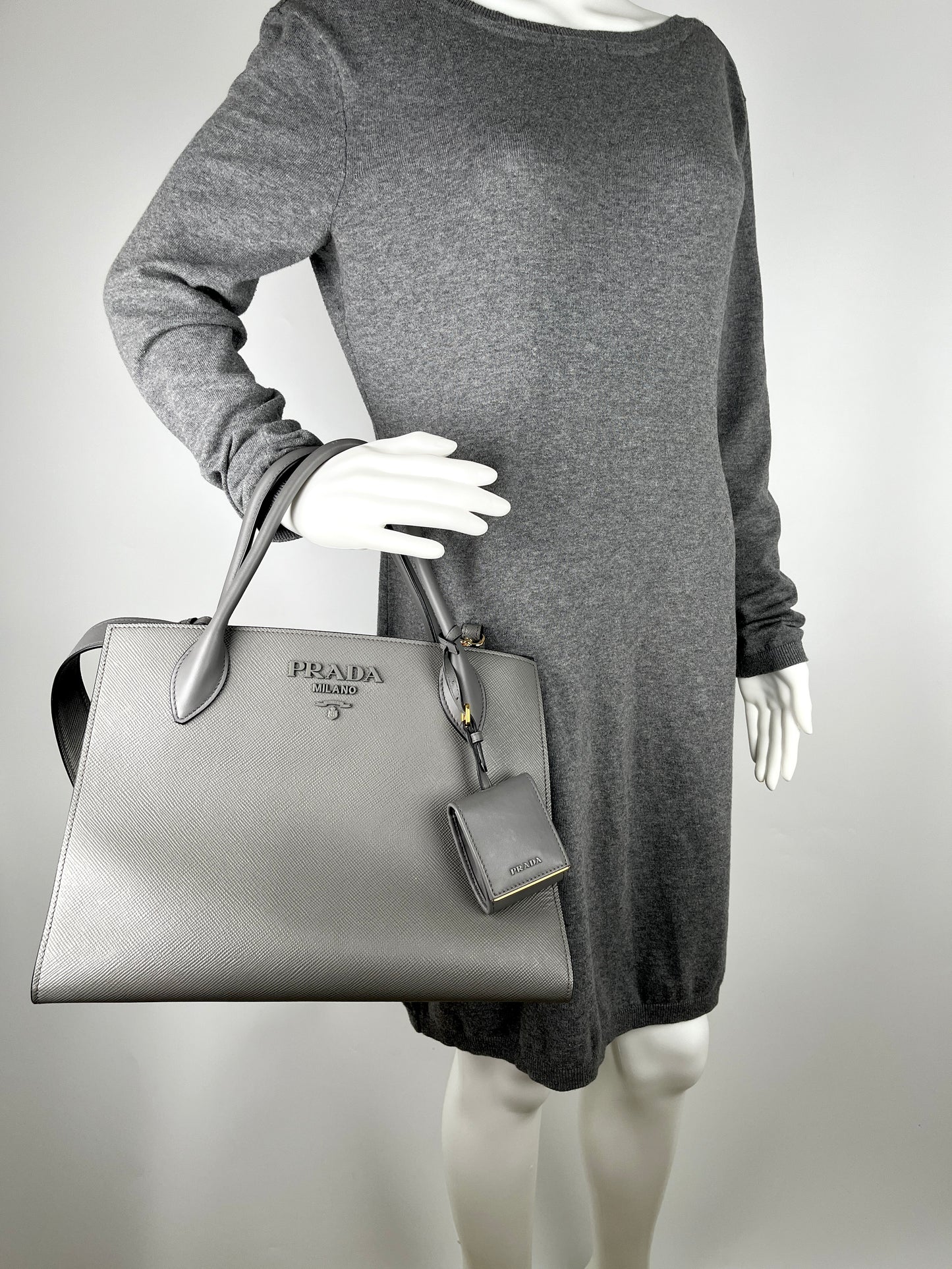 PRADA Saffiano Monochrome Marmo Medium Gray Leather Tote Bag consignment store near me