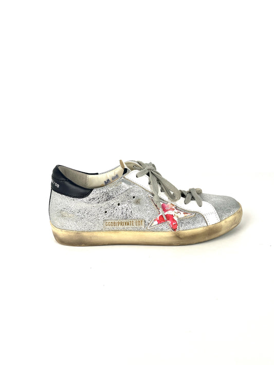 Golden Goose Superstar Silver White Pink Floral Low Top Sneakers 38 8