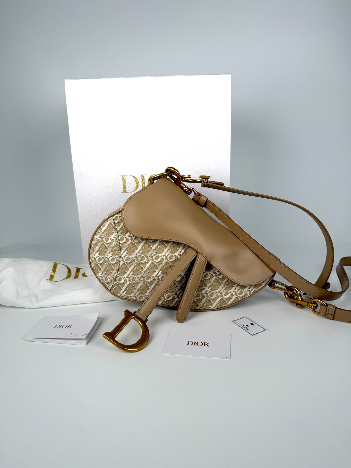 Christian Dior Beige Oblique 2024 Jacquard Monogram Leather Saddle Shoulder Crossbody Bag
