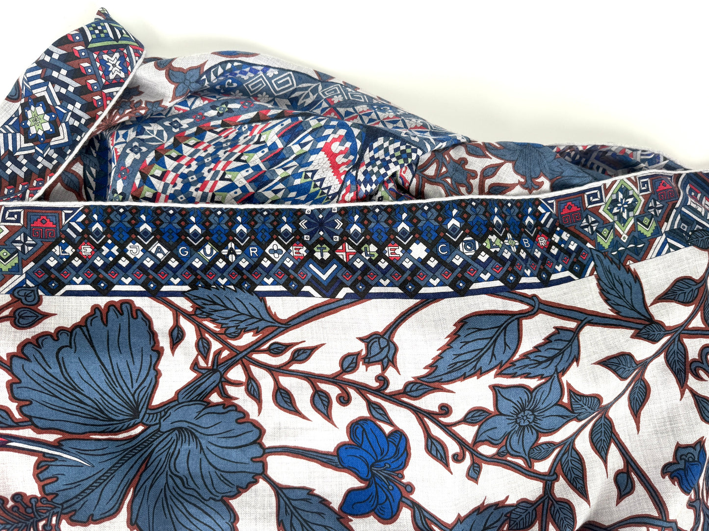 HERMES Le Jaguar Et Le Colibri Gris Chine Bleu Acajou Cashmere 140 Shawl Scarf