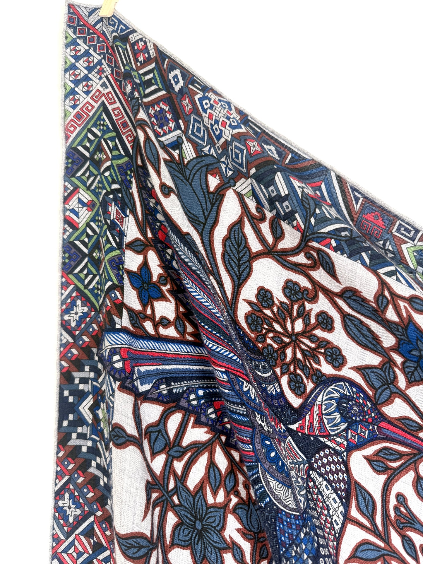 HERMES Le Jaguar Et Le Colibri Gris Chine Bleu Acajou Cashmere 140 Shawl Scarf