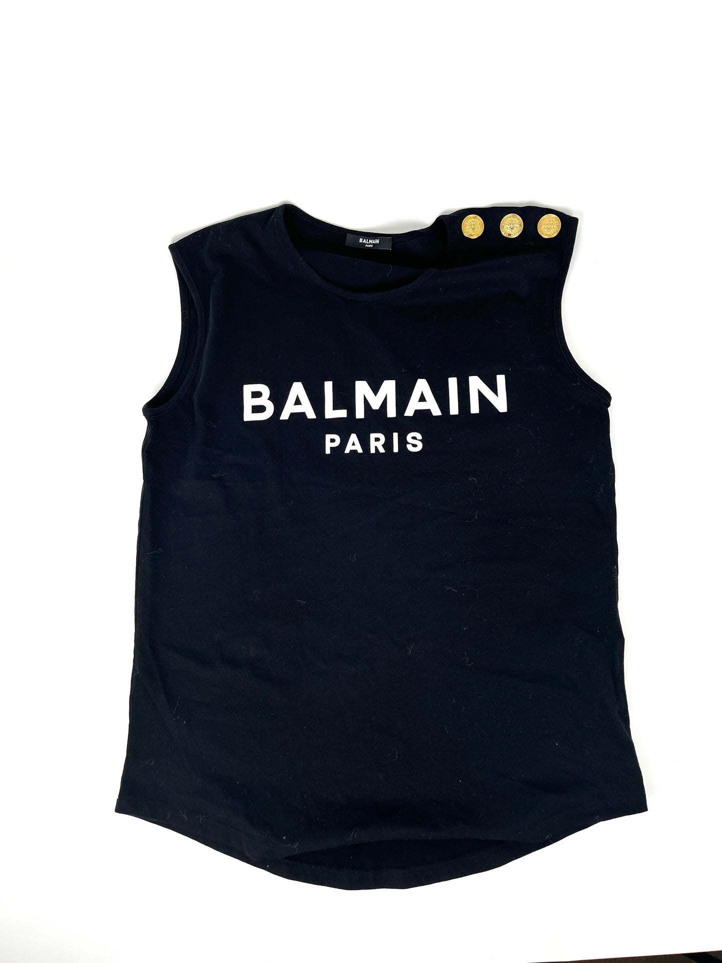 BALMAIN Paris Black Logo Print Gold Button Tank Top S