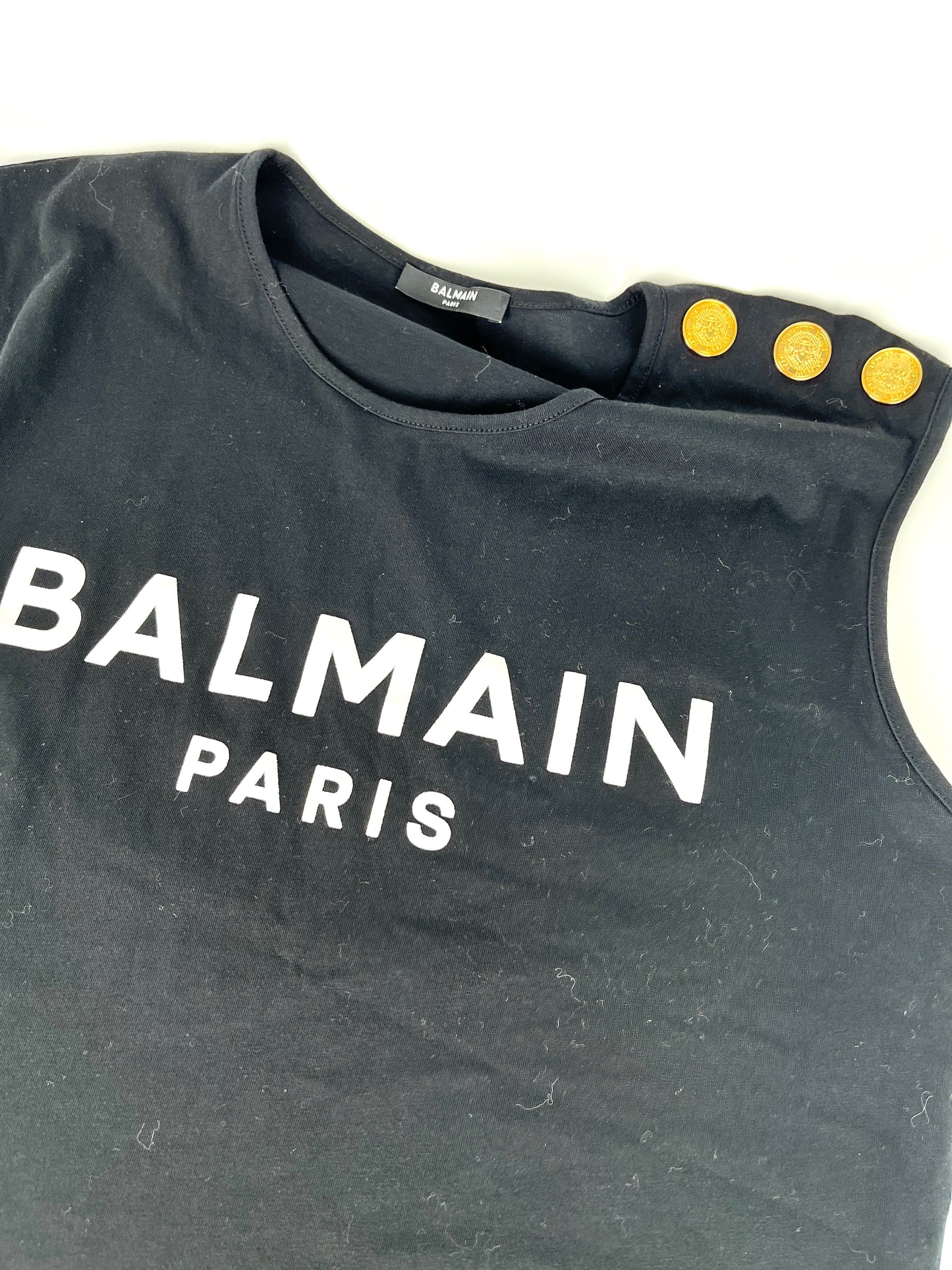 BALMAIN Paris Black Logo Print Gold Button Tank Top S
