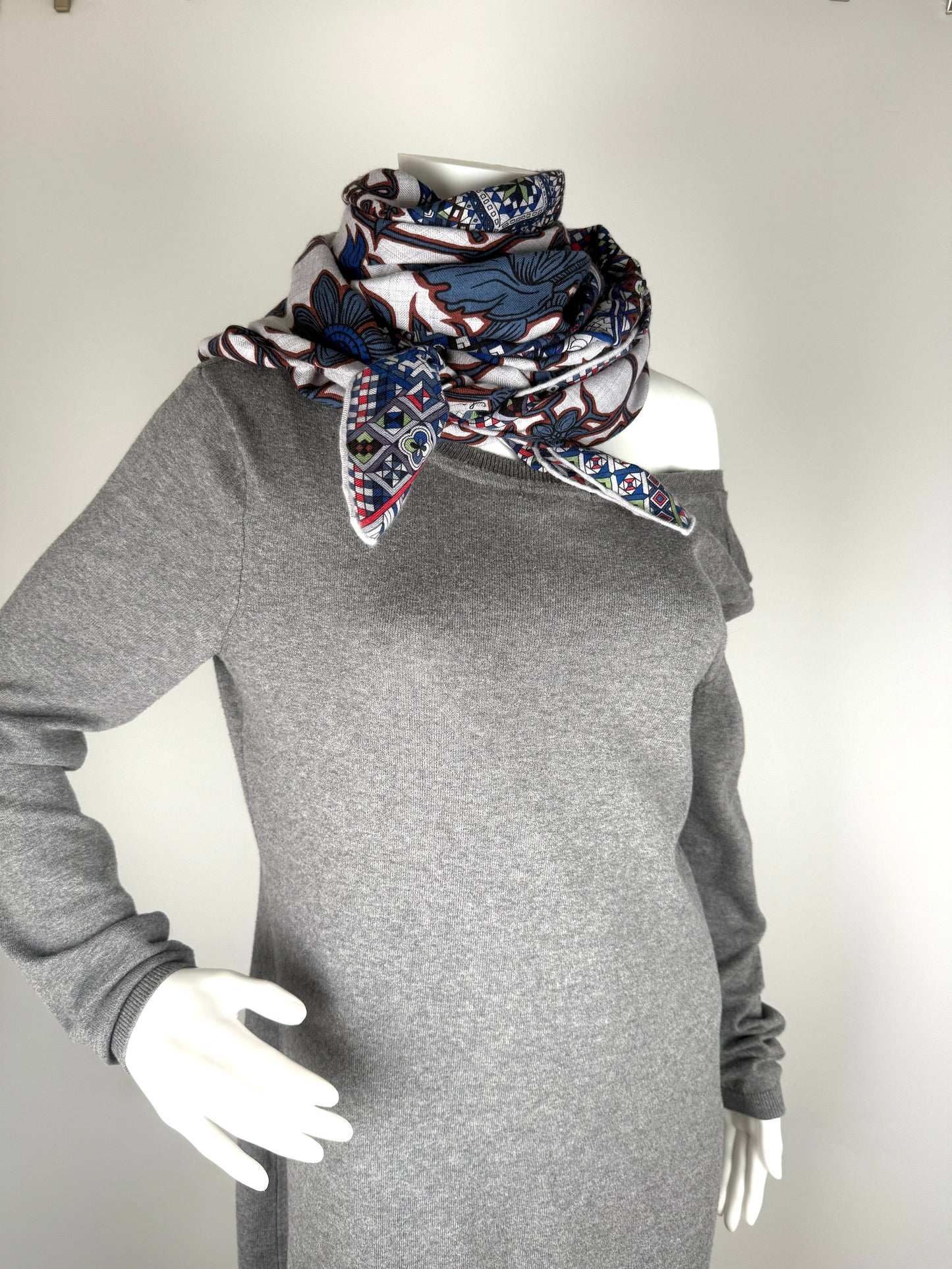 HERMES Le Jaguar Et Le Colibri Gris Chine Bleu Acajou Cashmere 140 Shawl Scarf