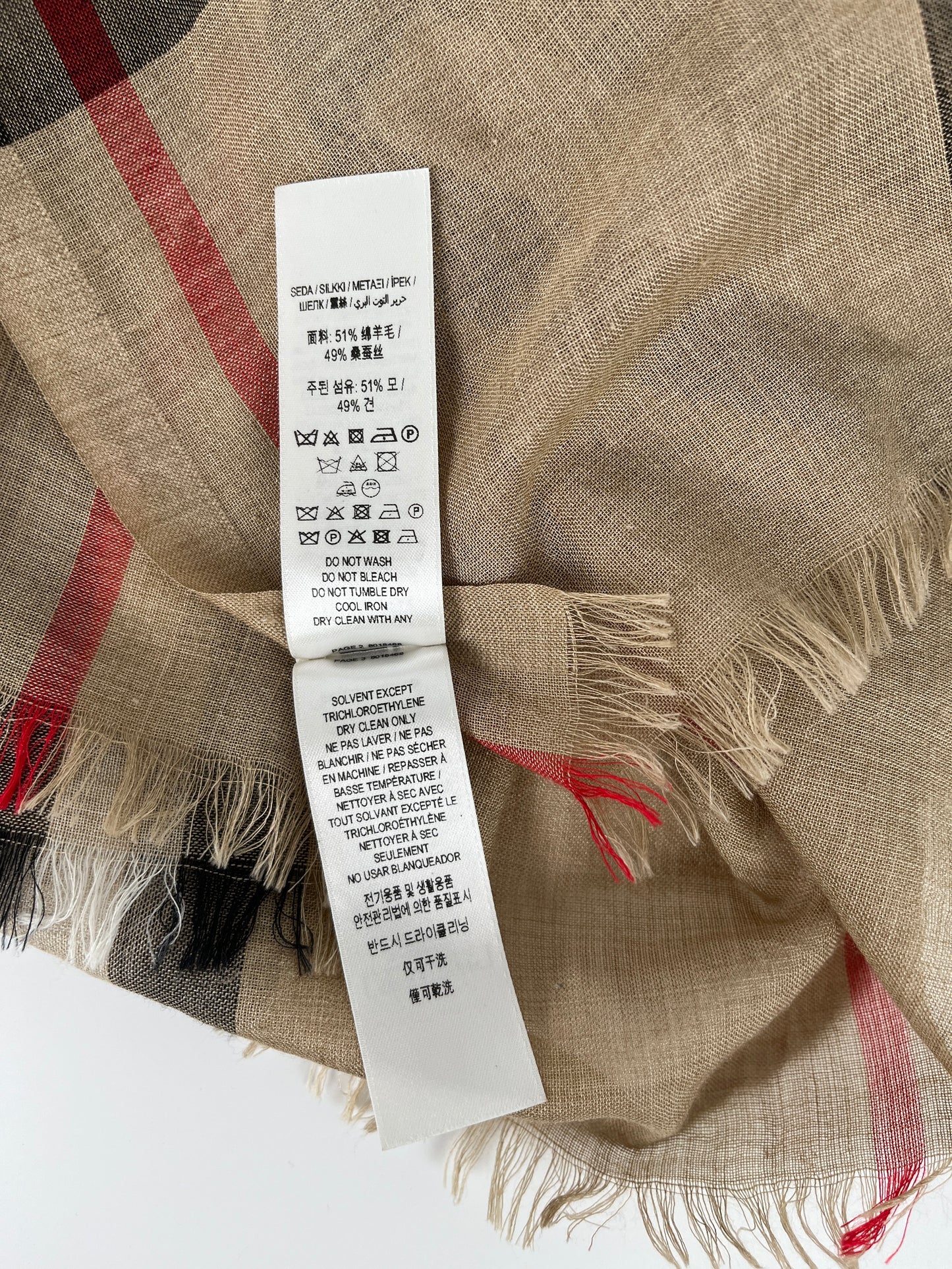 BURBERRY Check Archive Beige Black Wool Silk Rectangular Fringe Long Scarf
