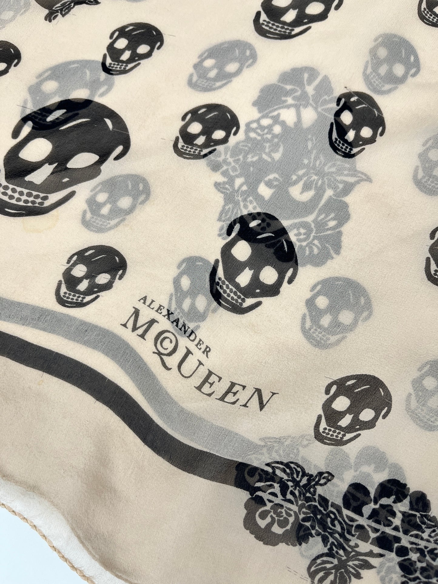 Alexander McQueen Skull Print Beige Black Silk Scarf