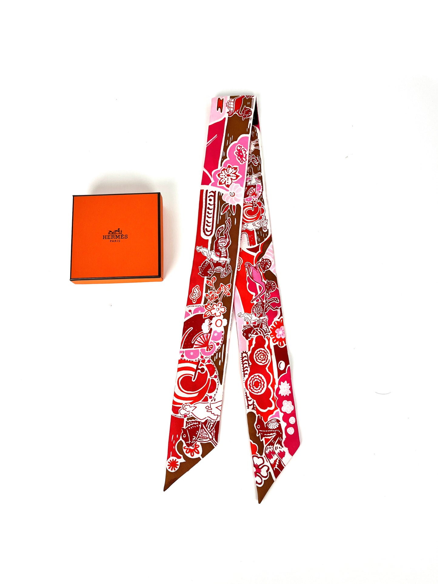 HERMES Horse Carriage Floral Pink Red Silk Twilly Scarf