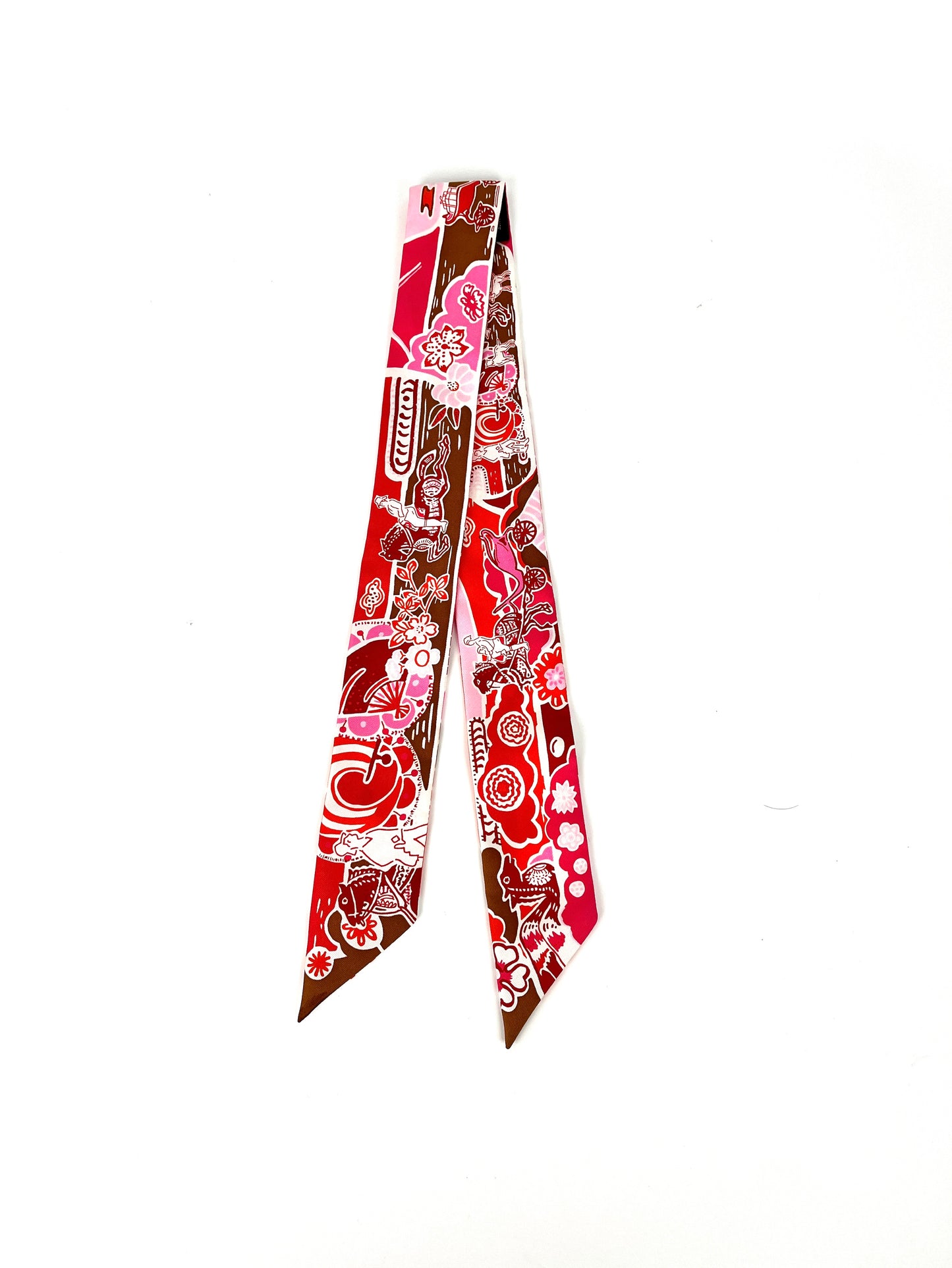 HERMES Horse Carriage Floral Pink Red Silk Twilly Scarf