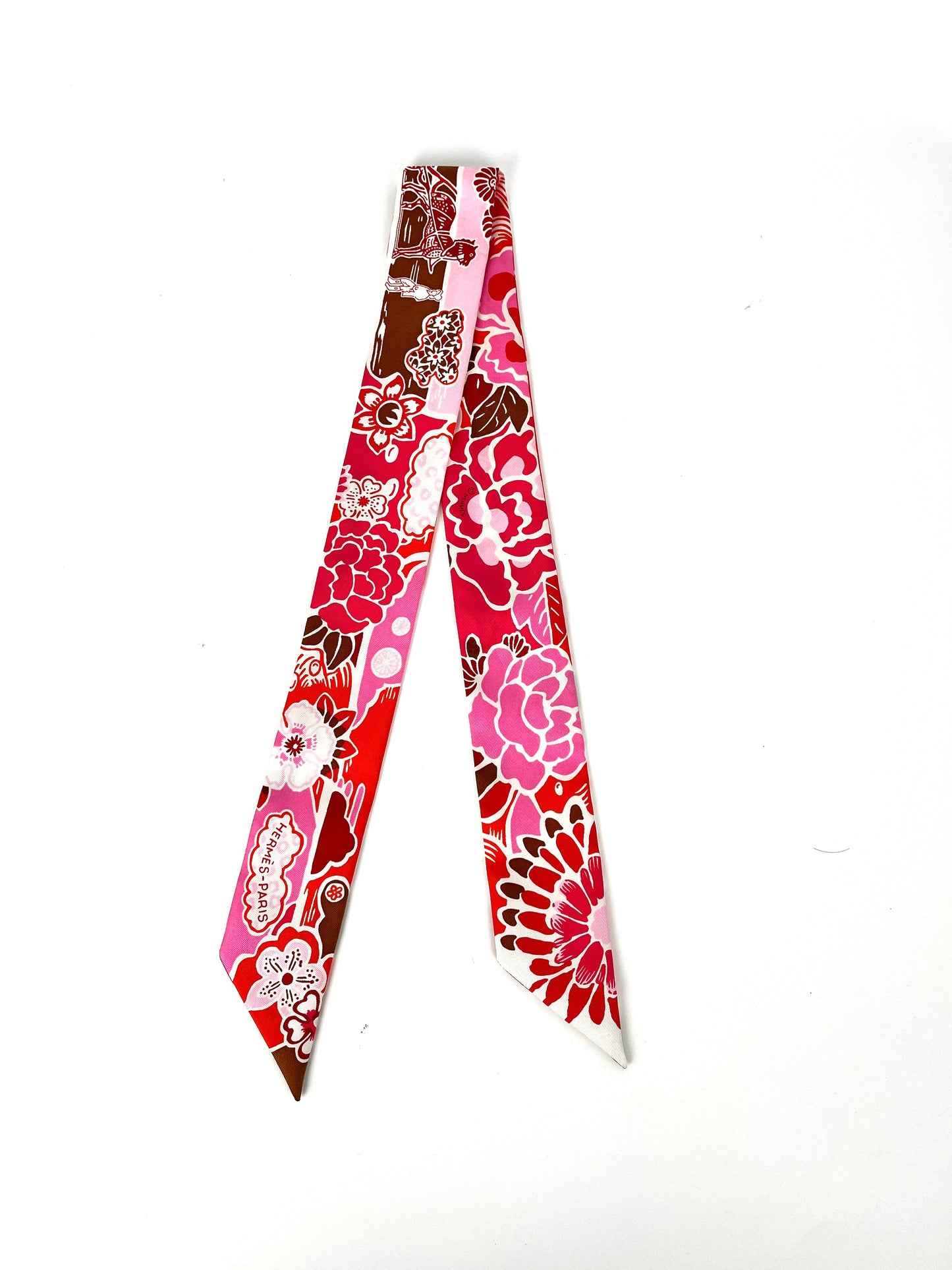 HERMES Horse Carriage Floral Pink Red Silk Twilly Scarf