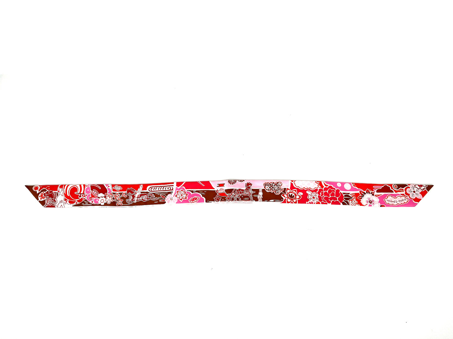 HERMES Horse Carriage Floral Pink Red Silk Twilly Scarf