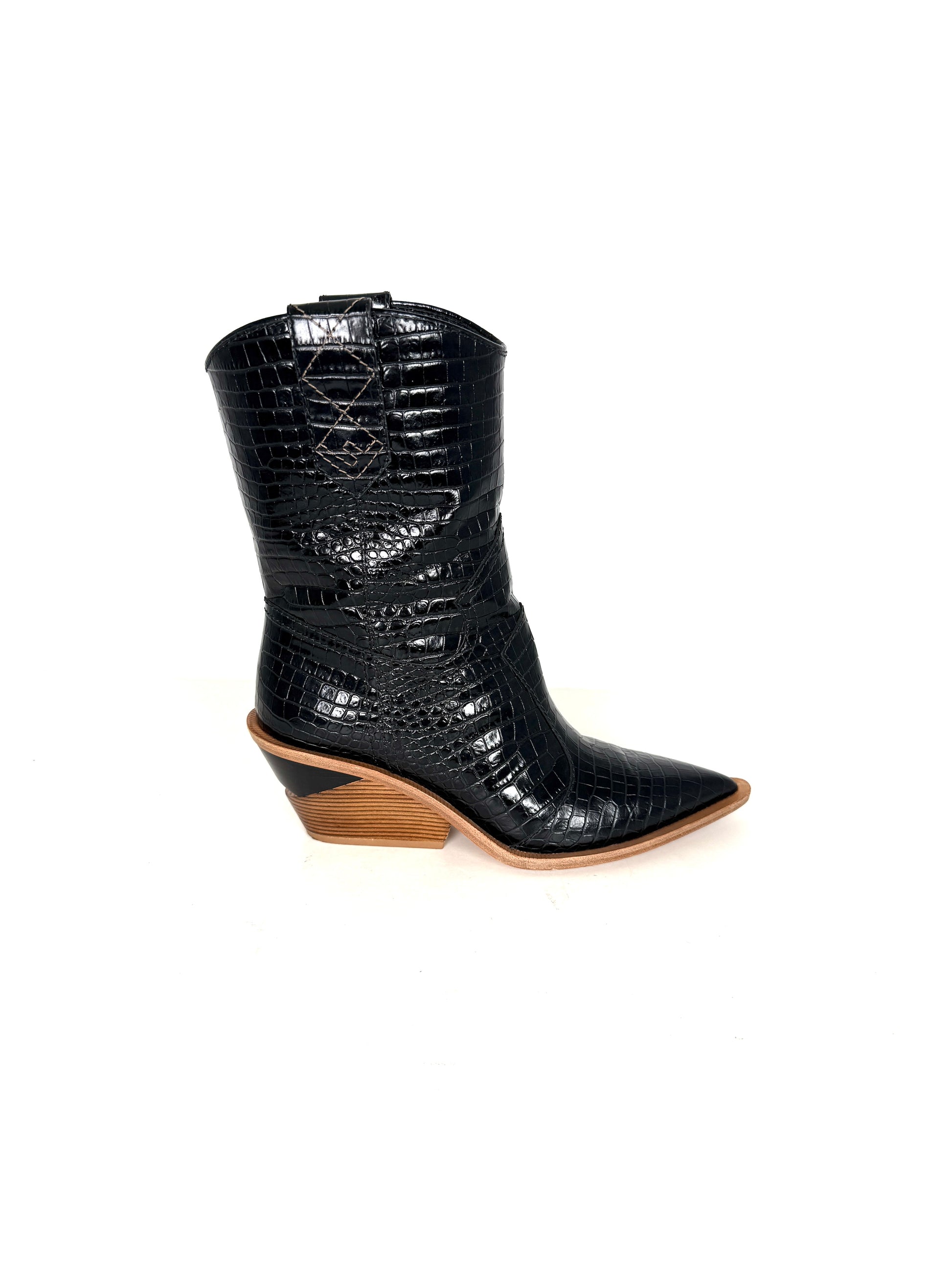 FENDI Black Animal Print Western Mid Calf Tronchetto Vitello Stampa Cocco Pointed Toe Boots 40, 9.5
